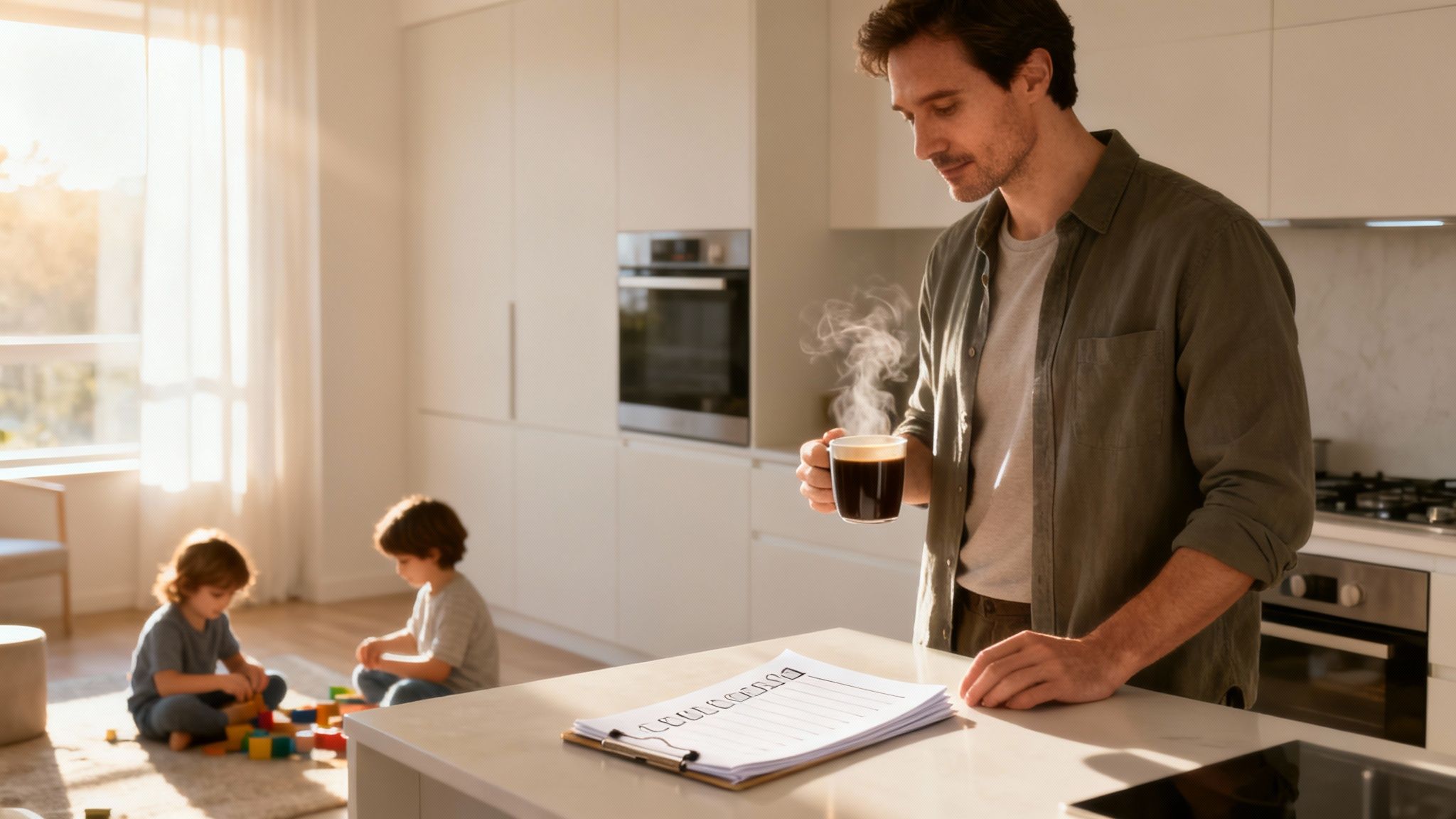A man sips coffee, checking a list, while two children play in a sunlit kitchen.