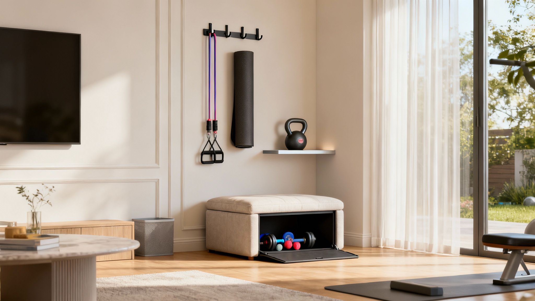 A modern living room transformed into a compact home gym with neatly stored equipment.