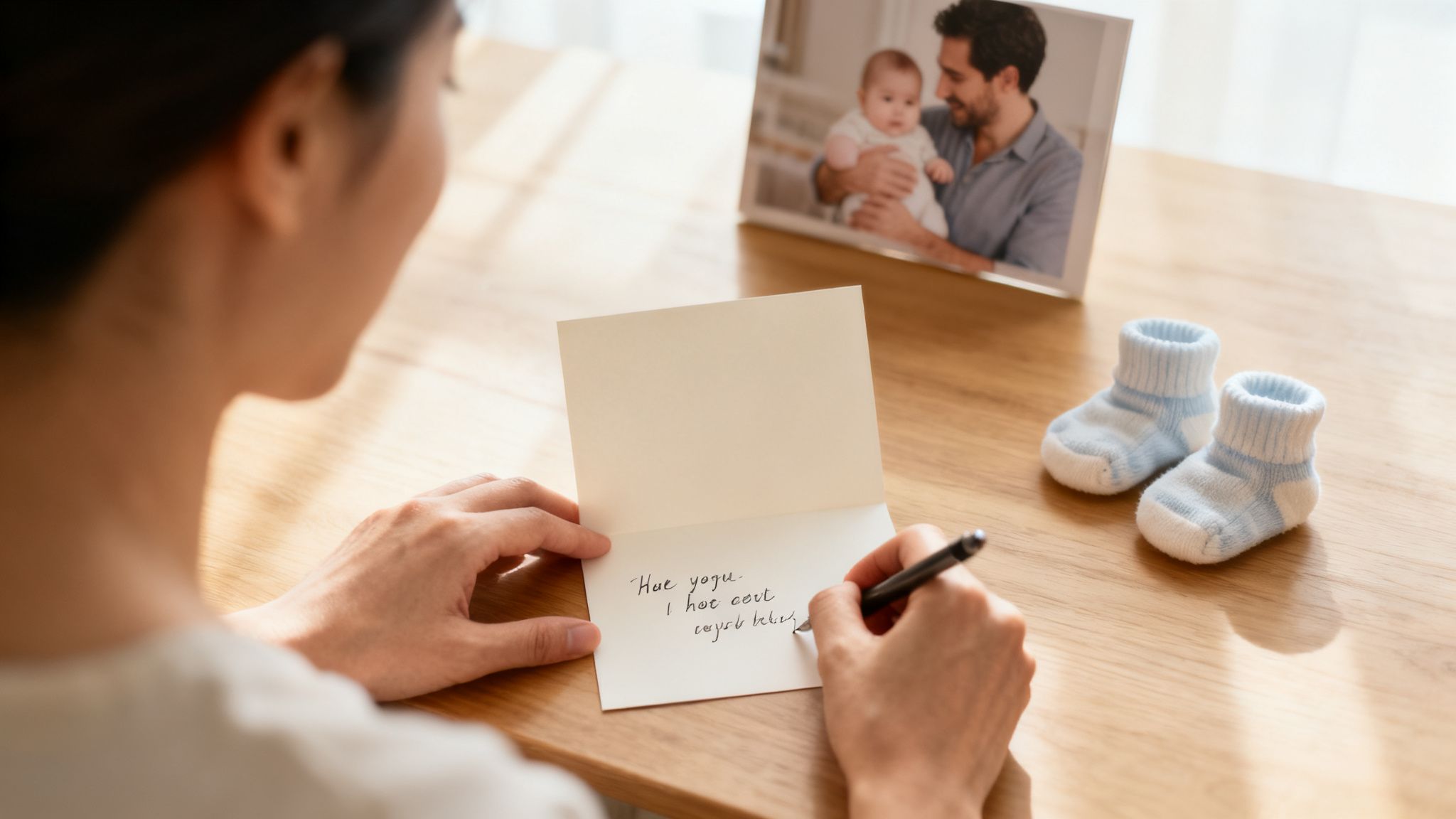 A person writes on a greeting card next to a framed photo of a father and baby, with blue baby socks.