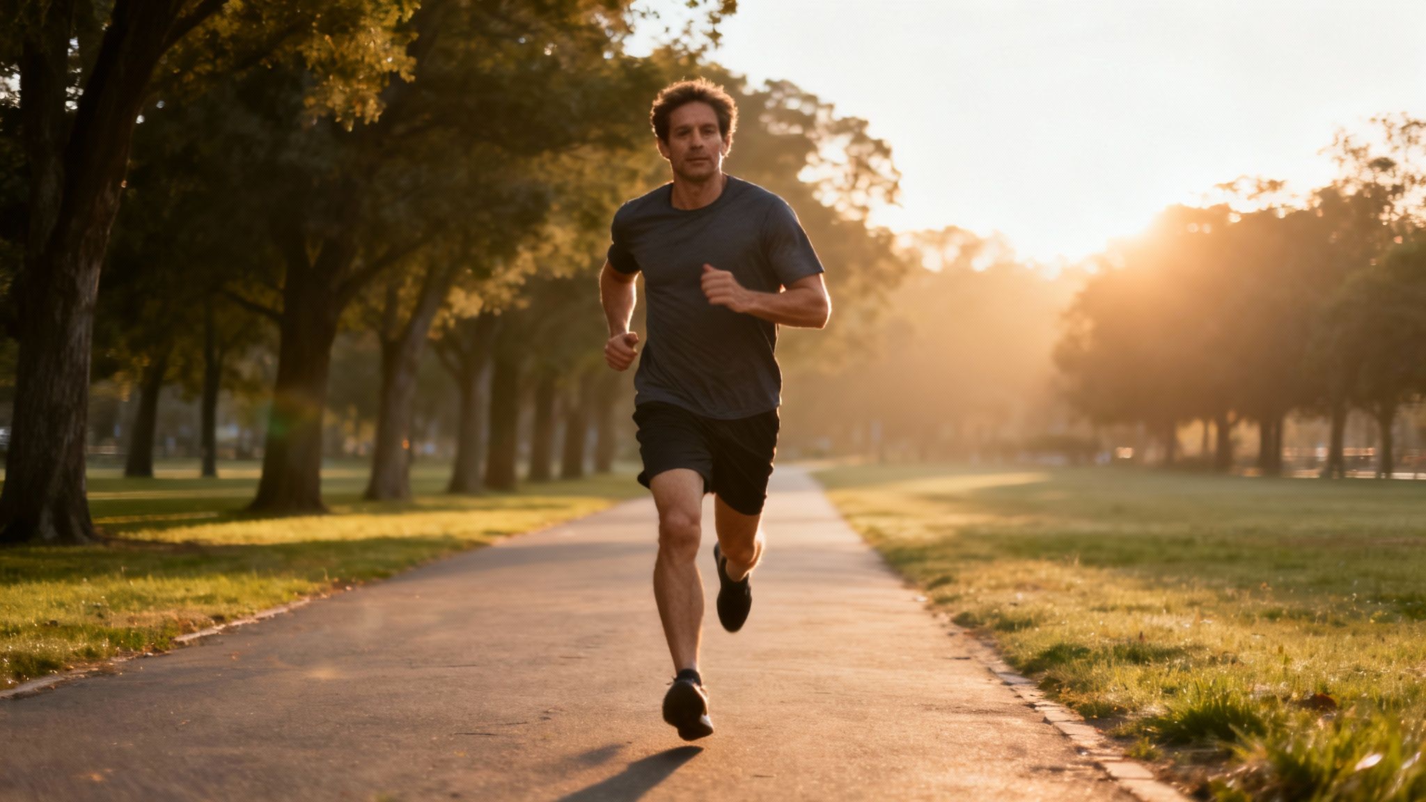 A fit man jogs down a tree-lined park path during a beautiful sunrise.