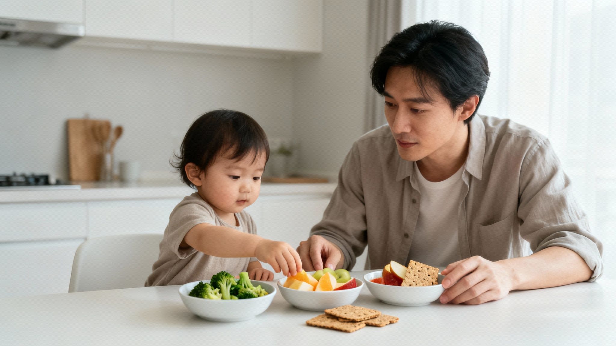 An Asian father and toddler share healthy fruit, broccoli, and cracker snacks in a bright kitchen.