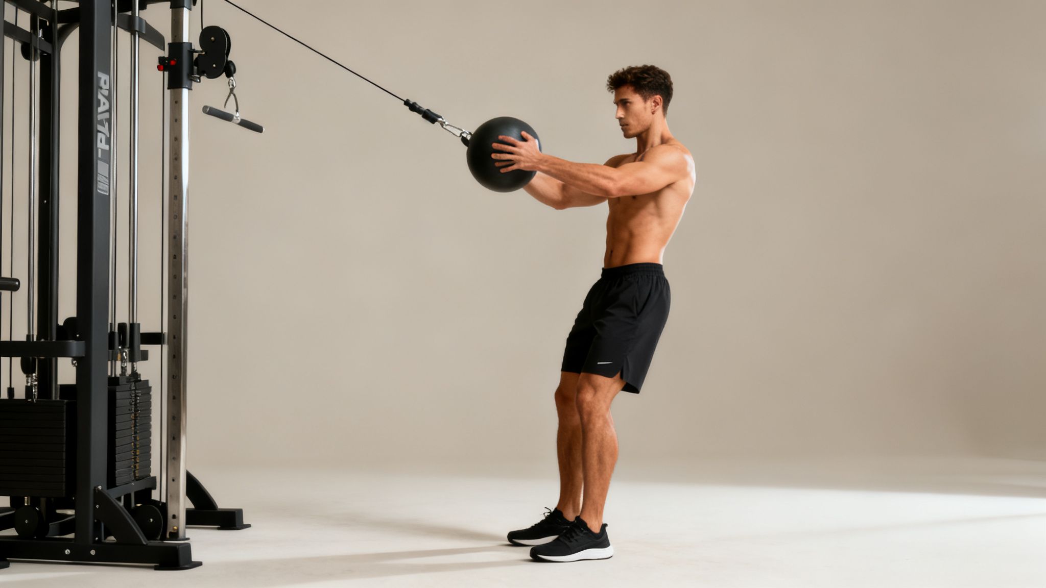 A shirtless man performs a functional trainer workout with a black medicine ball and cable machine.