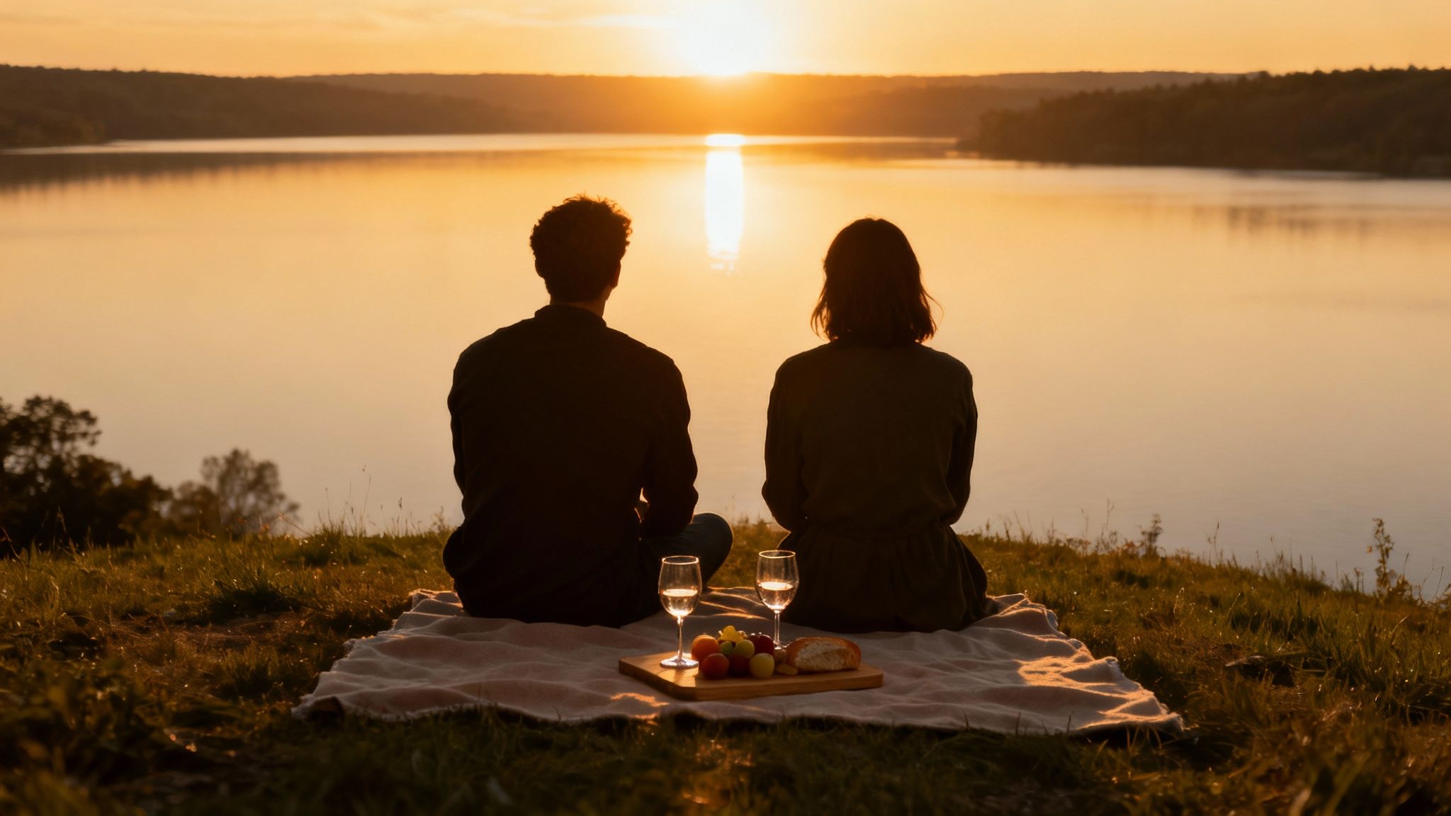 A couple enjoys a romantic lakeside picnic at sunset with wine, fruit, and bread.