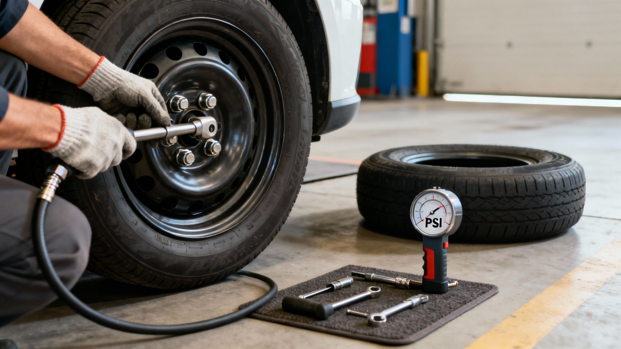 Mechanic tightening car tire lug nuts, with tools and a pressure gauge nearby.