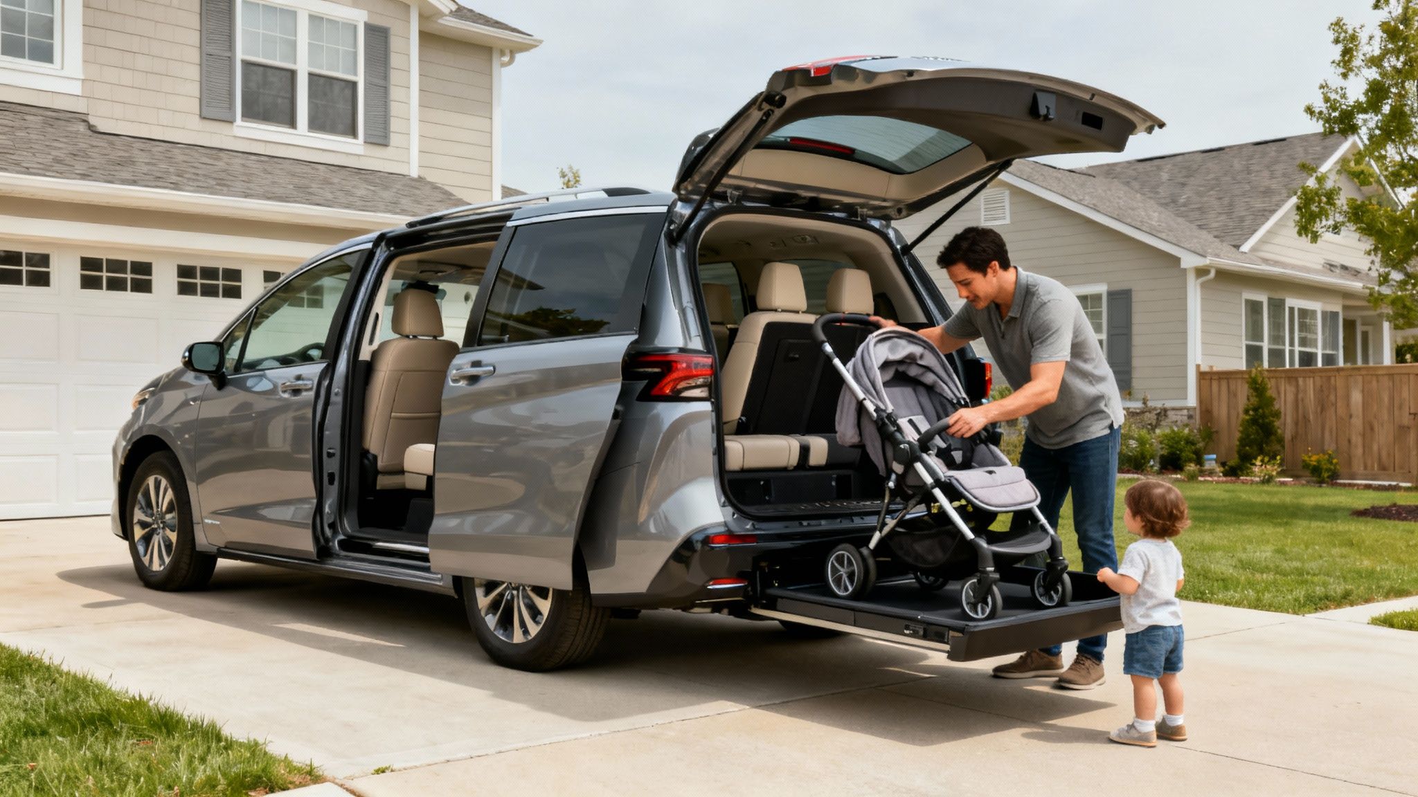 A man loads a baby stroller into a gray minivan while a child watches in the driveway.