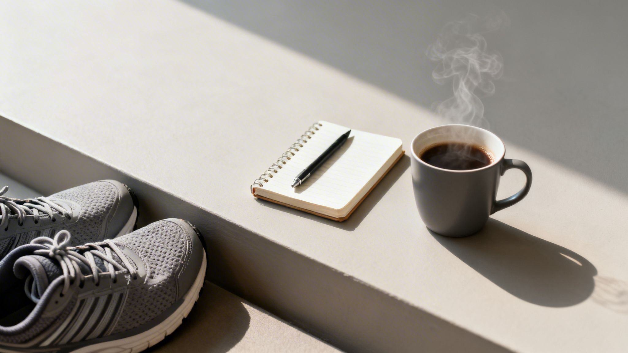 Grey running shoes, an open notebook with a pen, and a steaming coffee mug on a light surface.