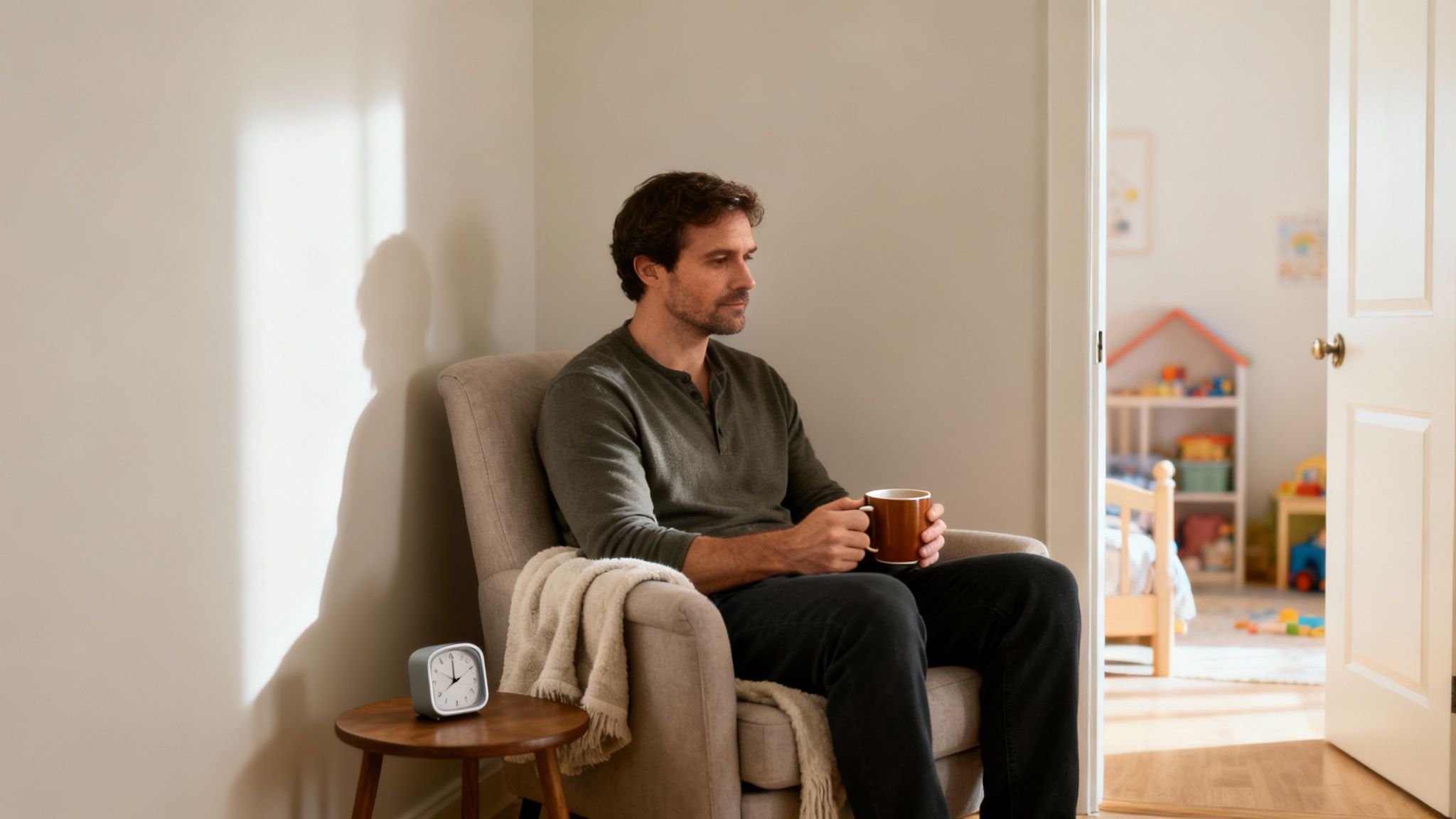 A man sits pensively in an armchair, holding a mug, looking into a child's brightly lit room.