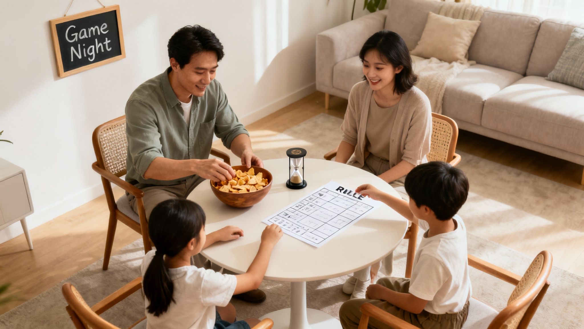 A happy Asian family of four playing a board game and eating snacks at home during game night.