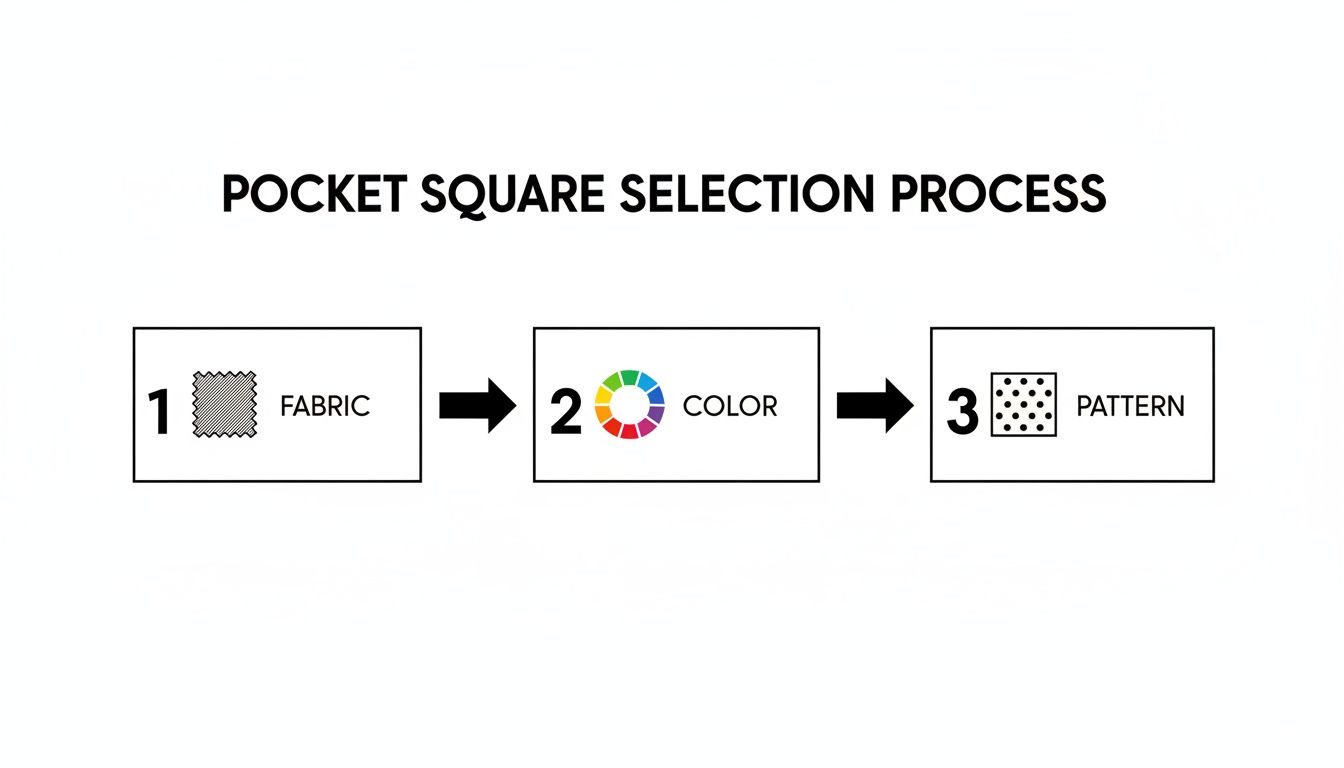 A diagram illustrates the pocket square selection process, detailing steps for choosing fabric, color, and pattern.