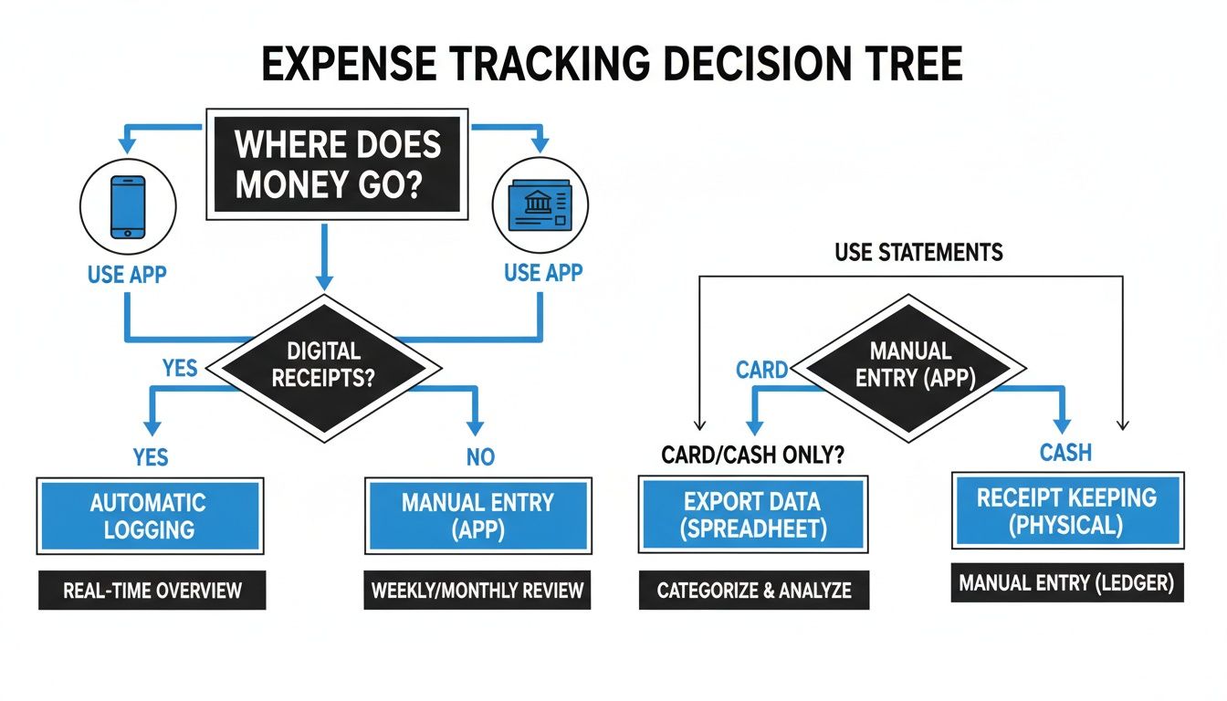 An expense tracking decision tree flowchart detailing methods like automatic logging, manual entry, and receipt keeping.