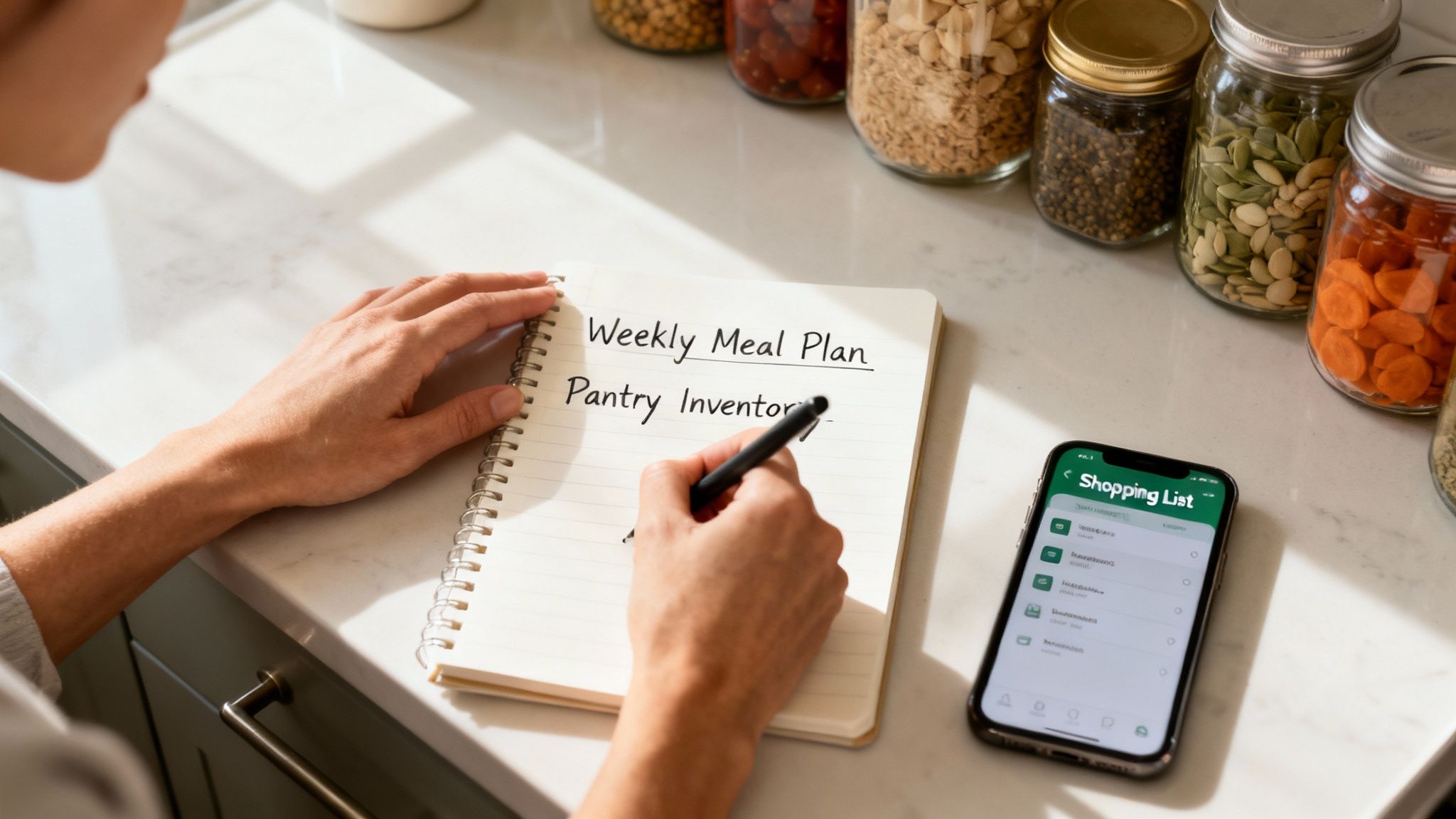 A person writes a weekly meal plan and pantry inventory, next to a smartphone showing a shopping list.