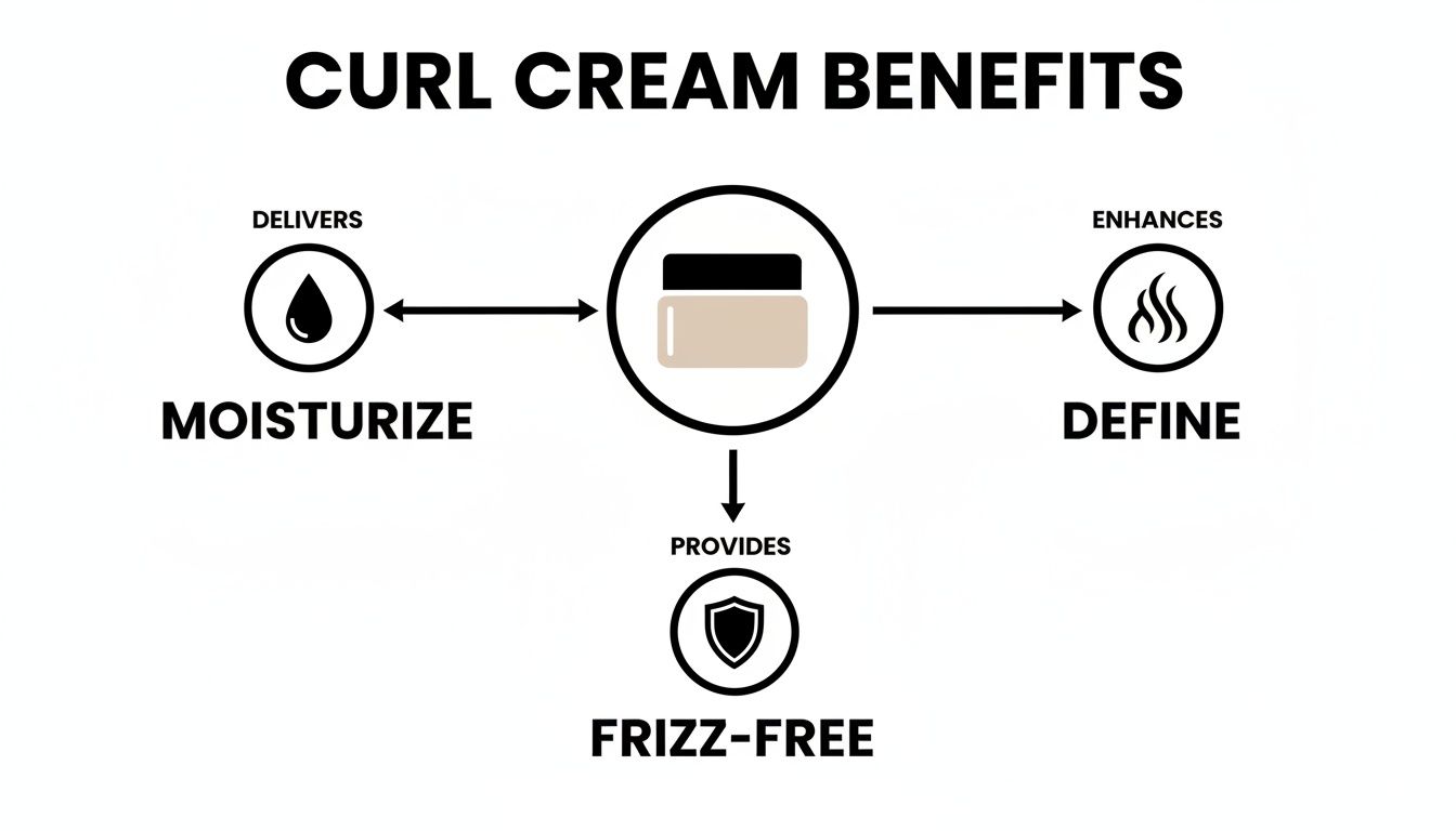 A diagram illustrating curl cream benefits: moisturizes, enhances curl definition, and provides frizz-free hair.