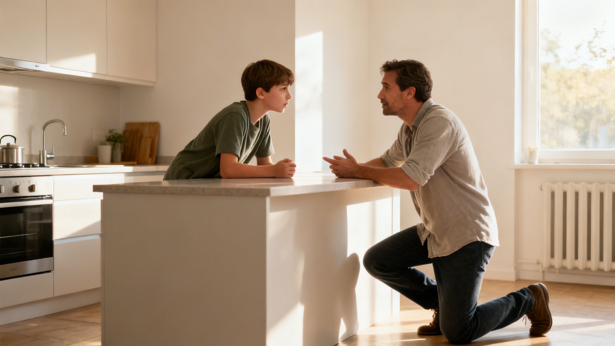 A father kneels to have an eye-level conversation with his son in their kitchen.