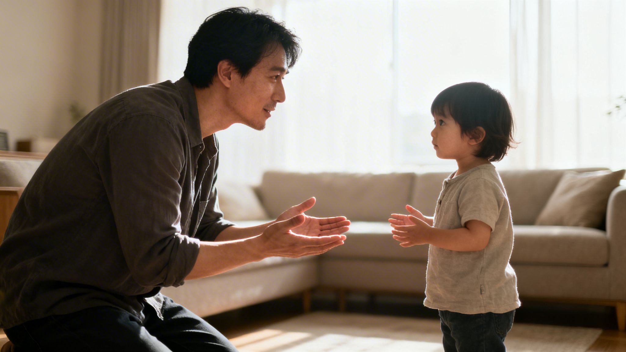 A man kneels, smiling and engaging with a young child in a bright living room.