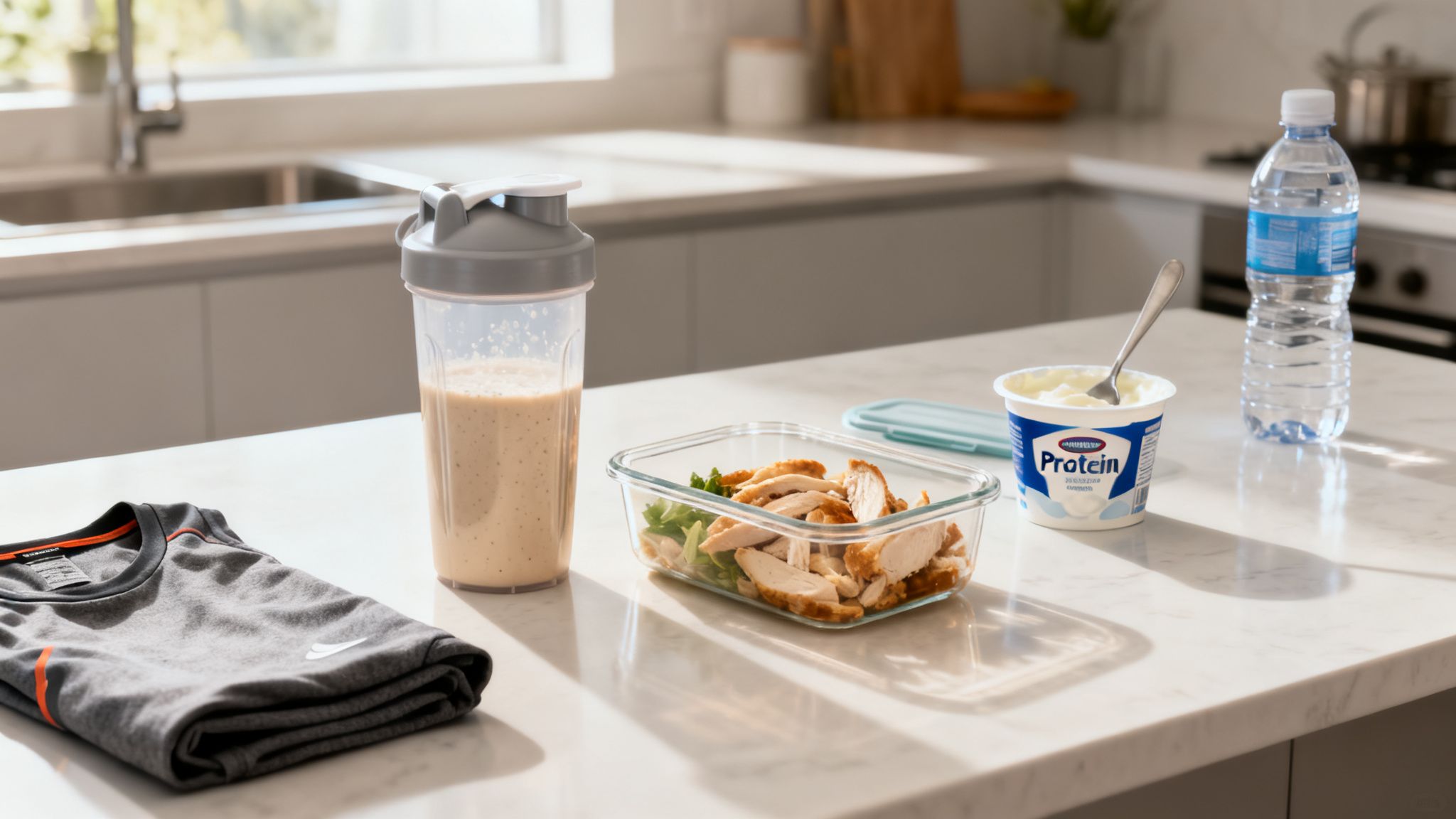 Healthy meal prep and workout gear with protein shake, chicken, yogurt, water, and Nike t-shirt on a kitchen counter.