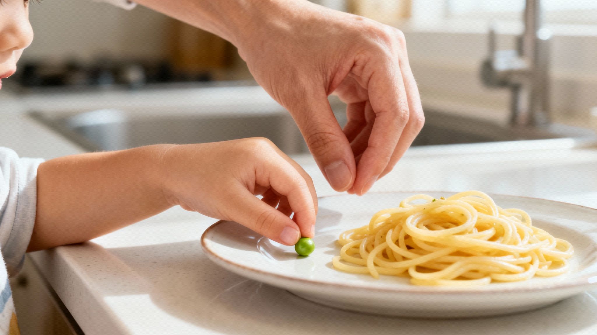 Close-up of child and adult hands carefully placing green peas onto a plate of spaghetti.