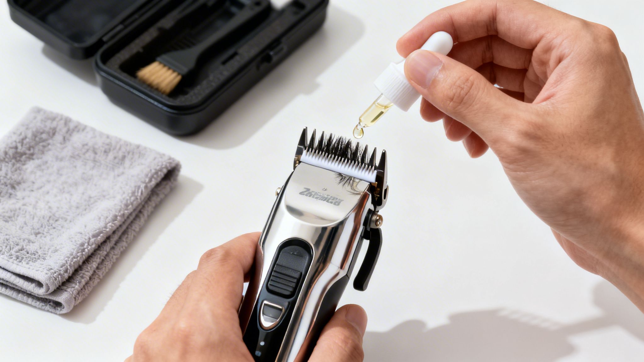 Close-up of hands applying lubricating oil to electric hair clippers with a dropper.
