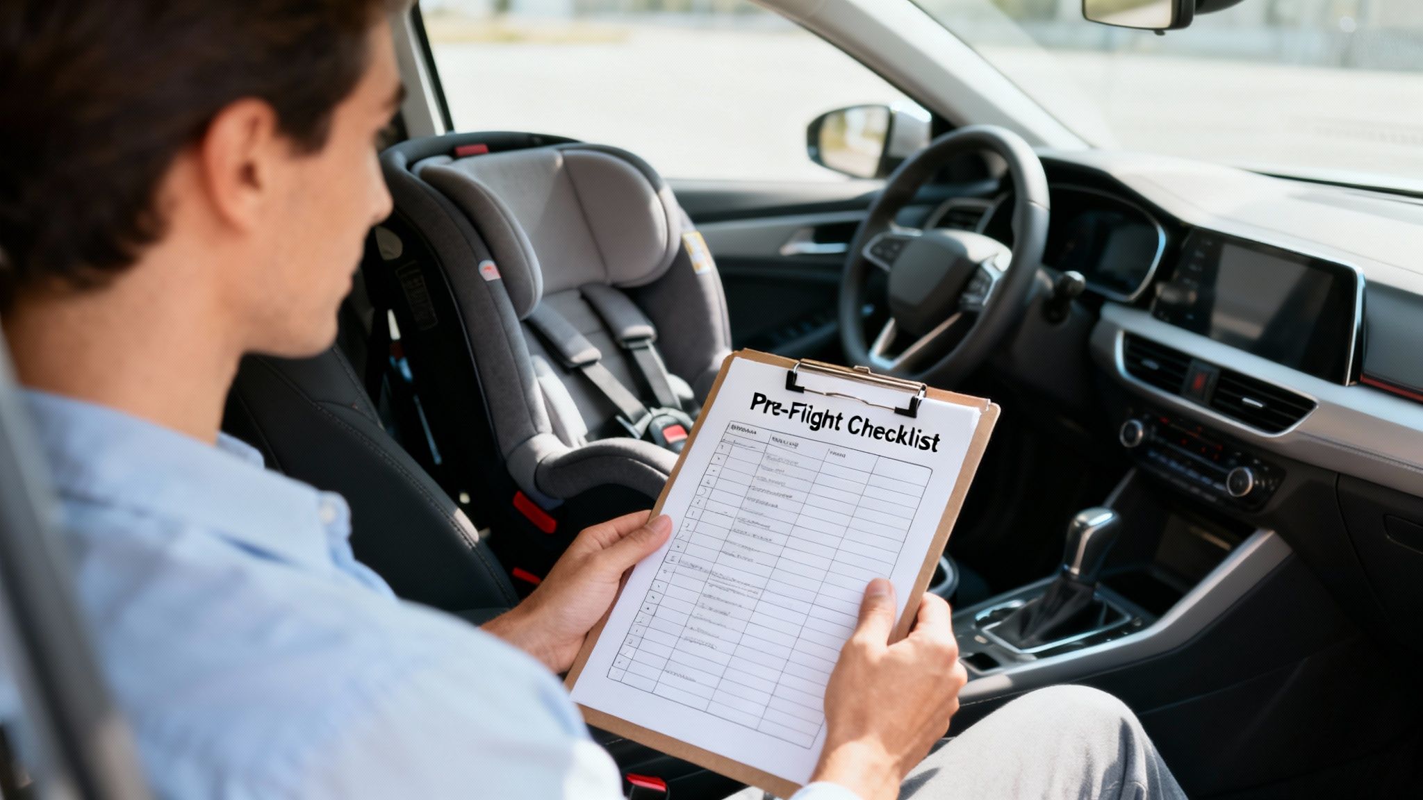 A man in a car holds a "Pre-Flight Checklist" clipboard, with a child car seat visible in the back.