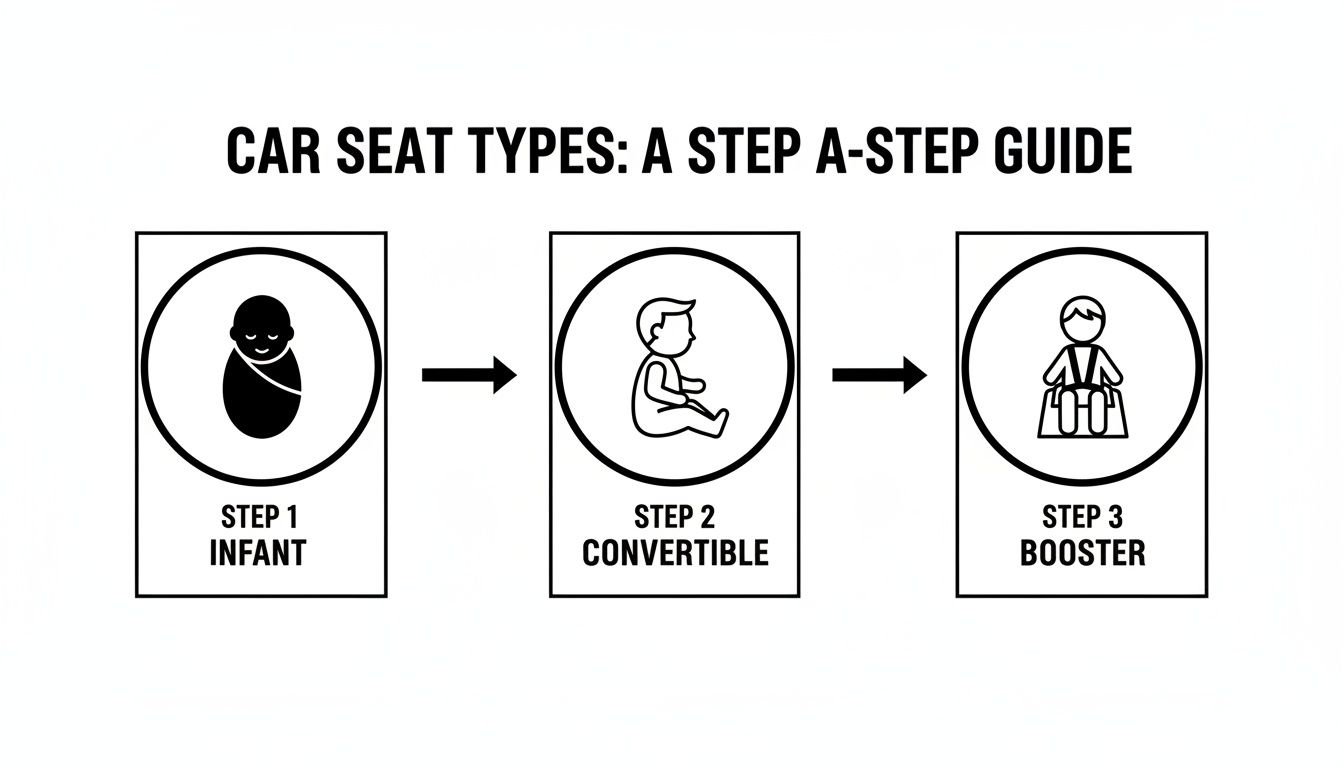 A step-by-step guide illustrating three car seat types: infant, convertible, and booster seats.