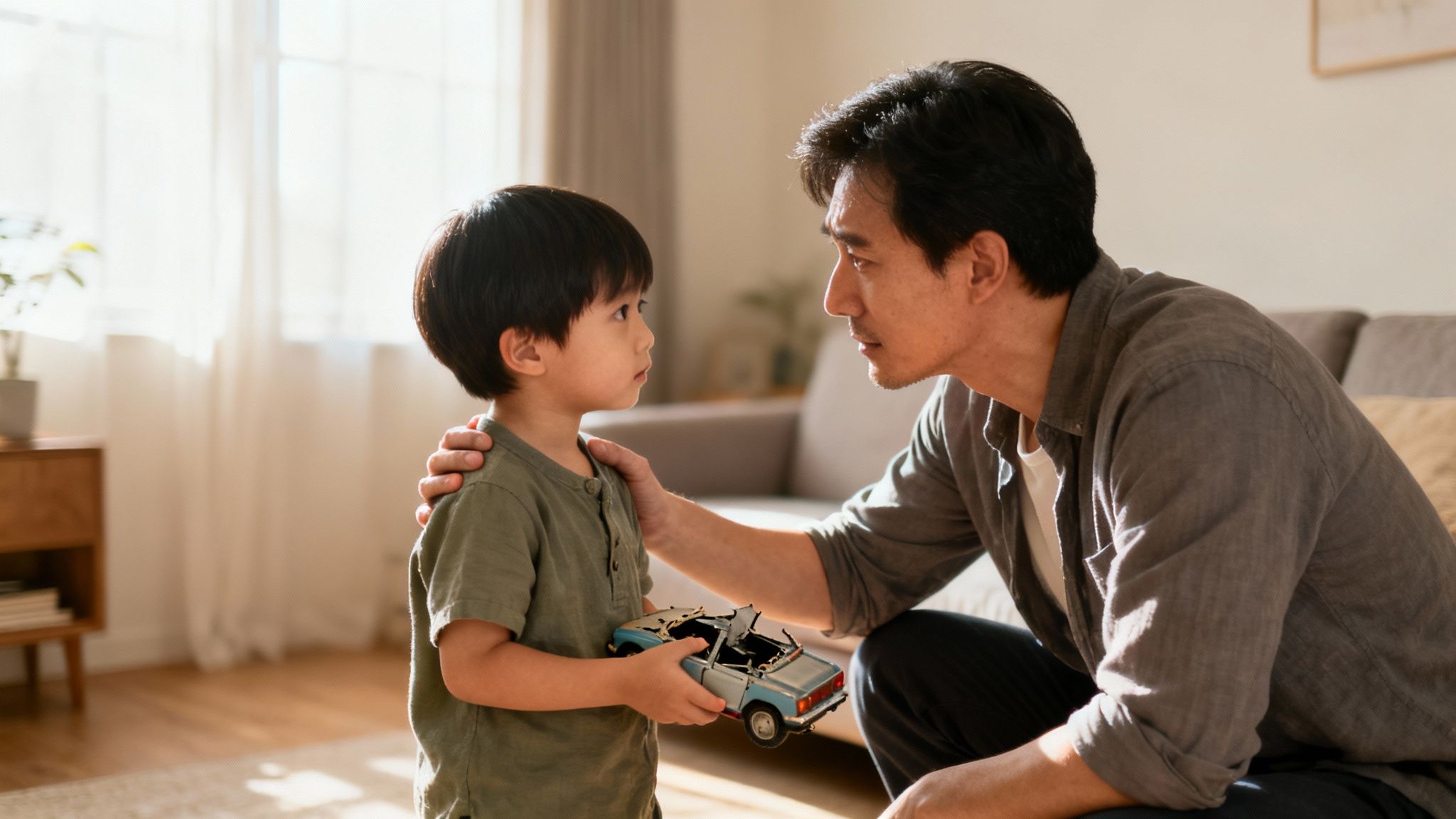A father gently comforts his young son holding a broken toy car in a sunlit room.