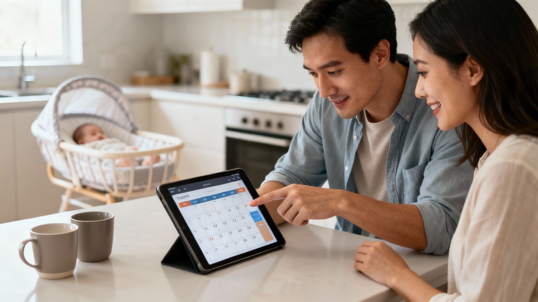 Smiling Asian couple reviewing a digital calendar on a tablet with their baby in a bassinet.
