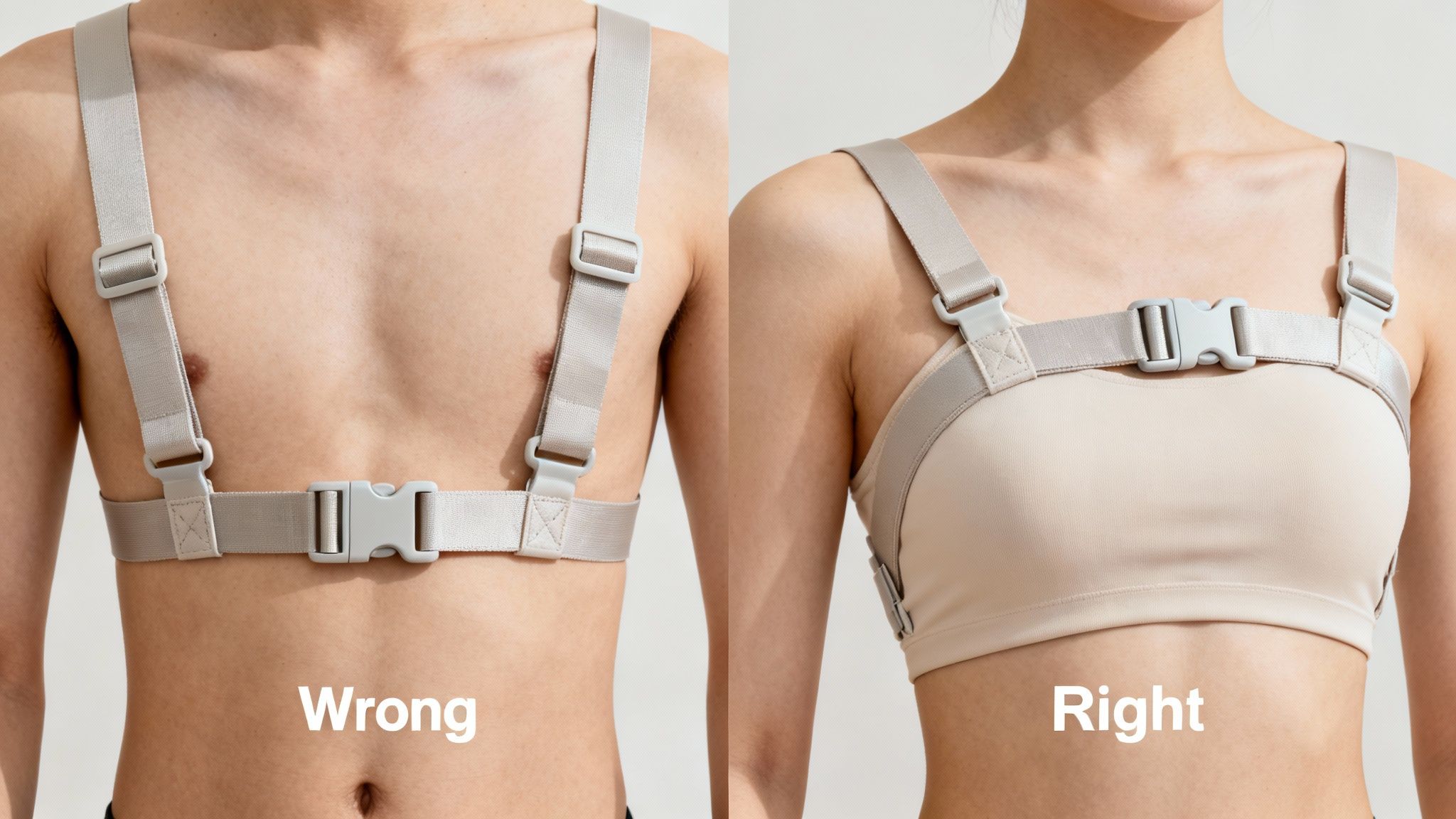 A side-by-side comparison showing wrong and right ways to wear a chest support harness.