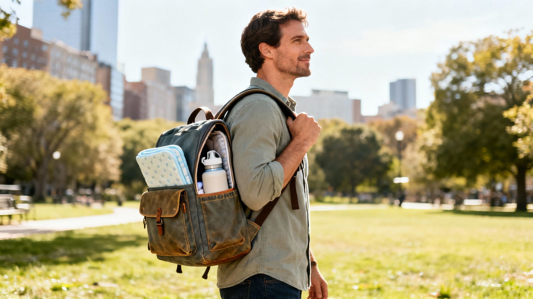 Happy man carrying a diaper bag backpack containing baby essentials in a sunny urban park.