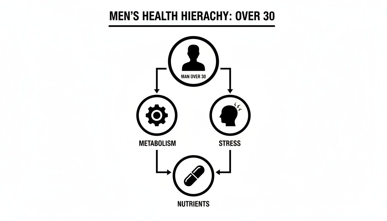 Hierarchy diagram for men over 30, focusing on metabolism, stress, and essential nutrients.