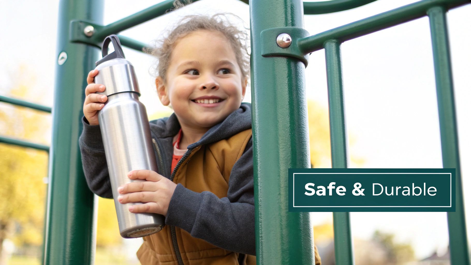A happy child smiles while holding a large stainless steel water bottle on a green playground.