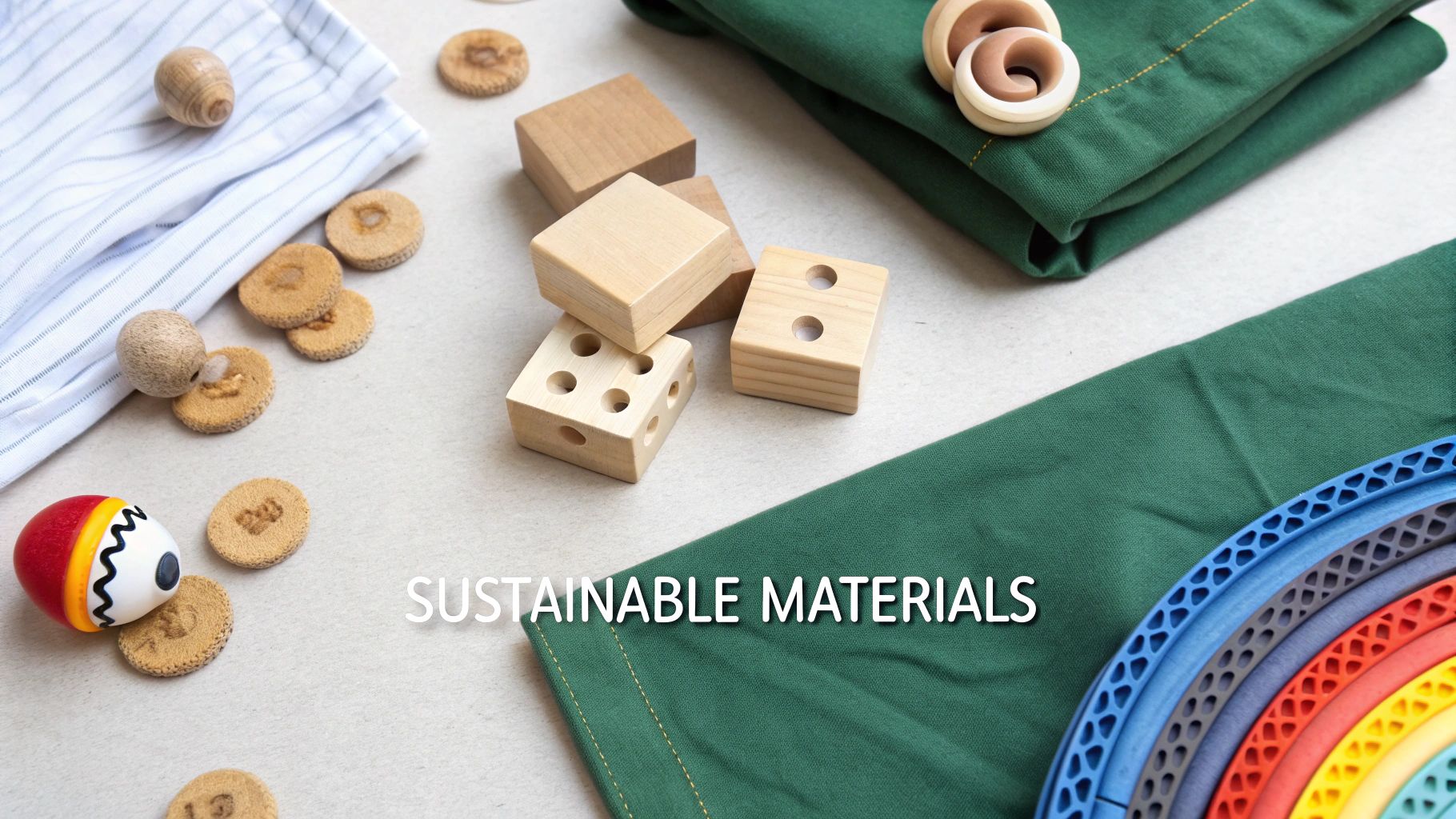 A close-up shot of various organic toy materials like wood, cotton, and natural rubber