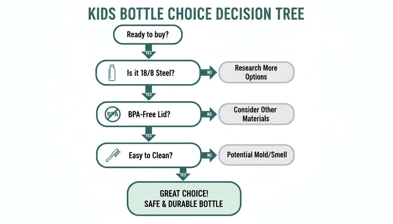 Decision tree for choosing safe and durable kids' water bottles based on material, lid, and cleaning.