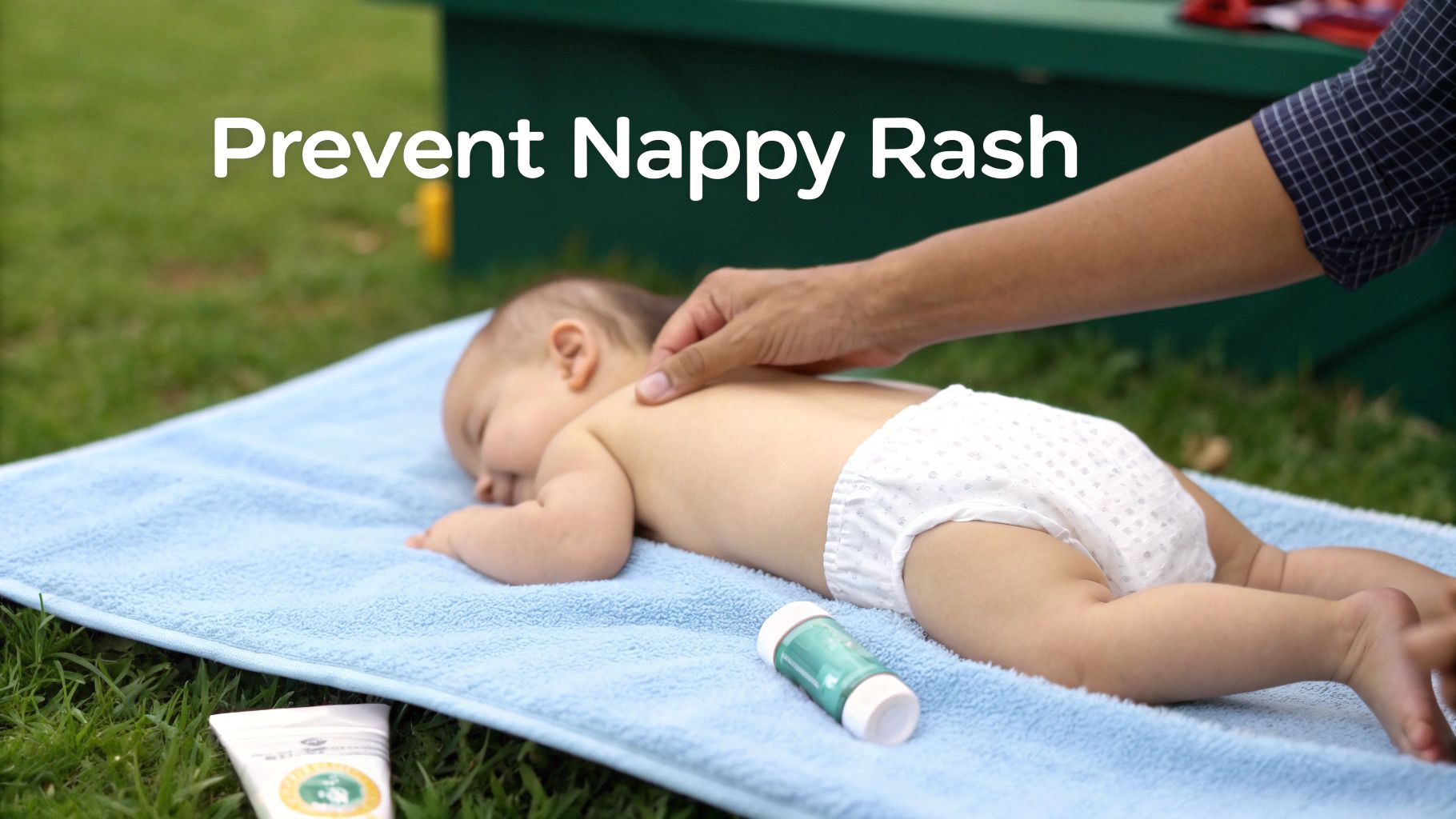 A hand gently applies cream to a baby's back on a blue towel, preventing nappy rash.