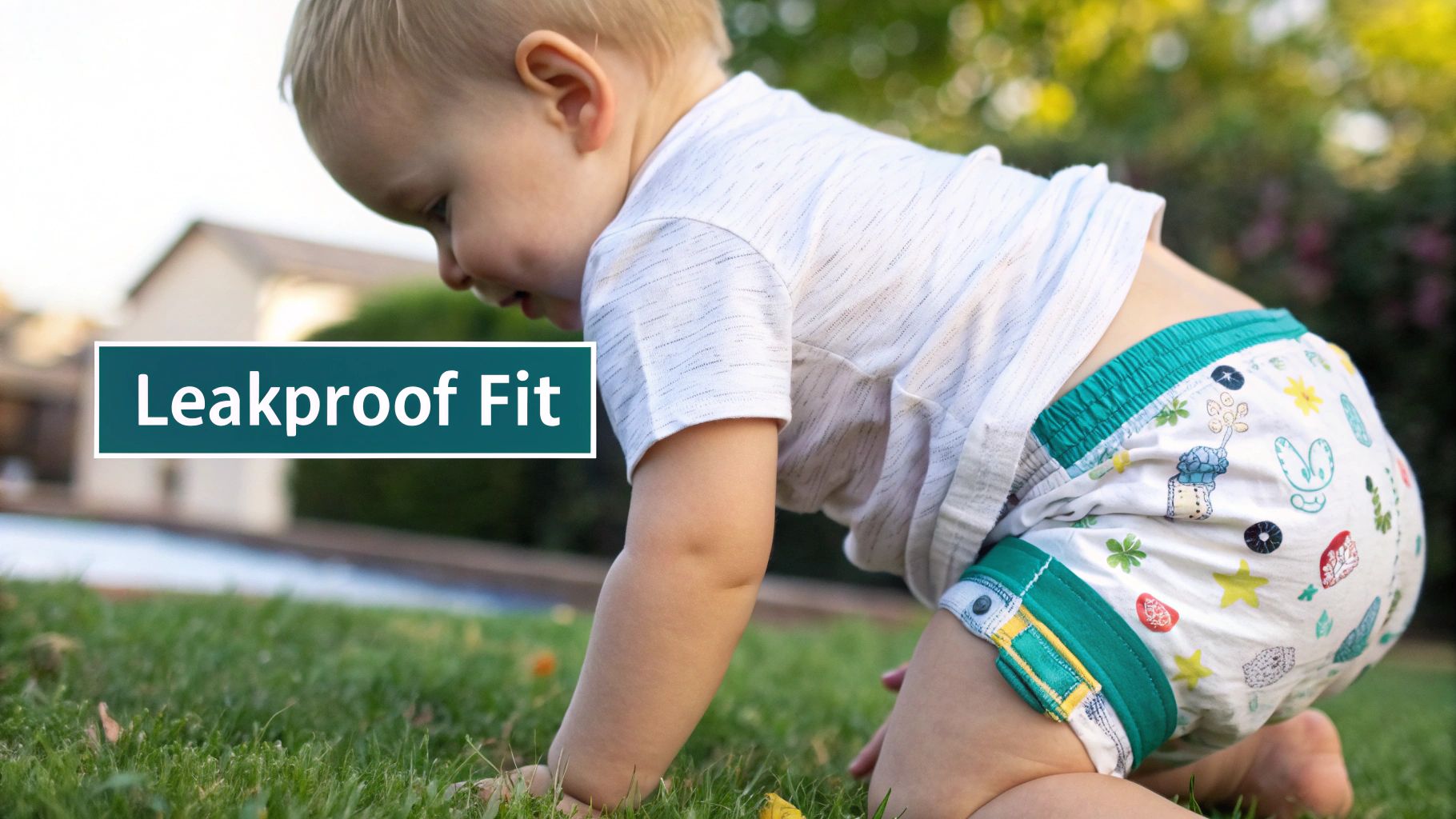 Baby laughing while wearing a comfortable eco-friendly nappy