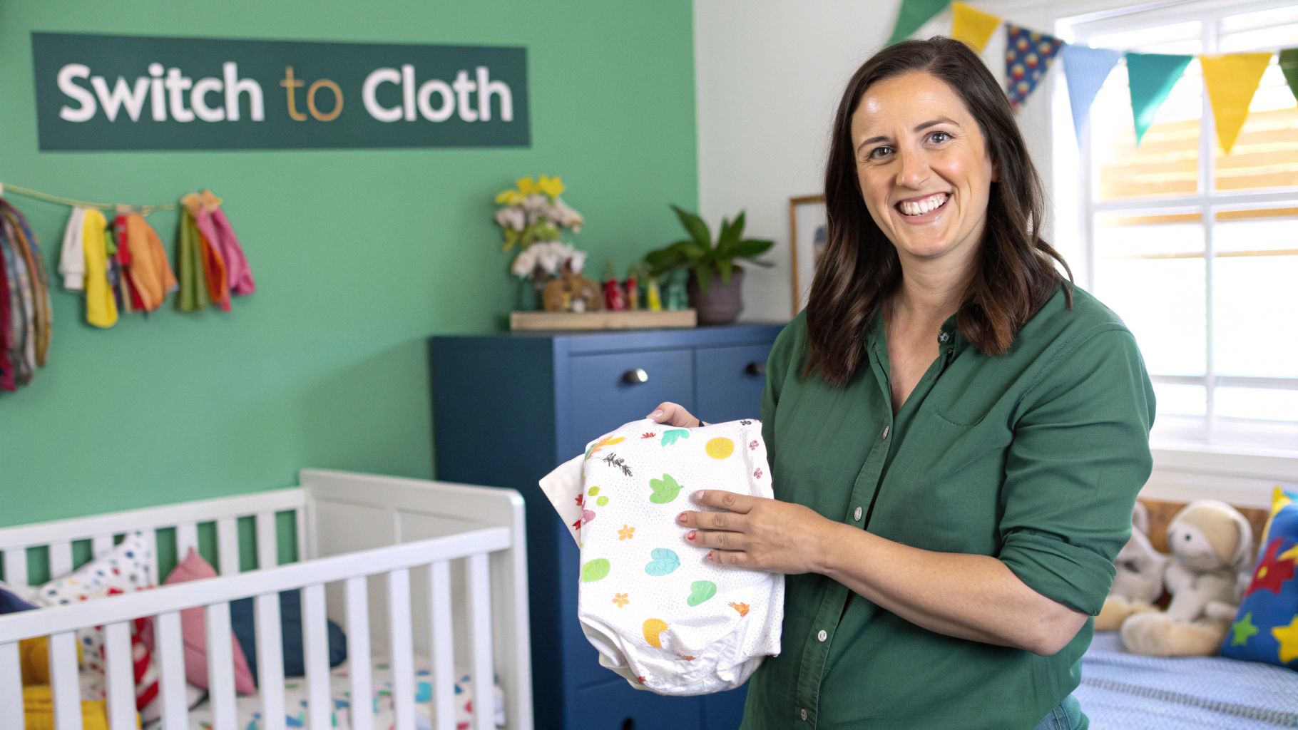 A smiling baby wearing a colourful reusable nappy, lying on a soft blanket.
