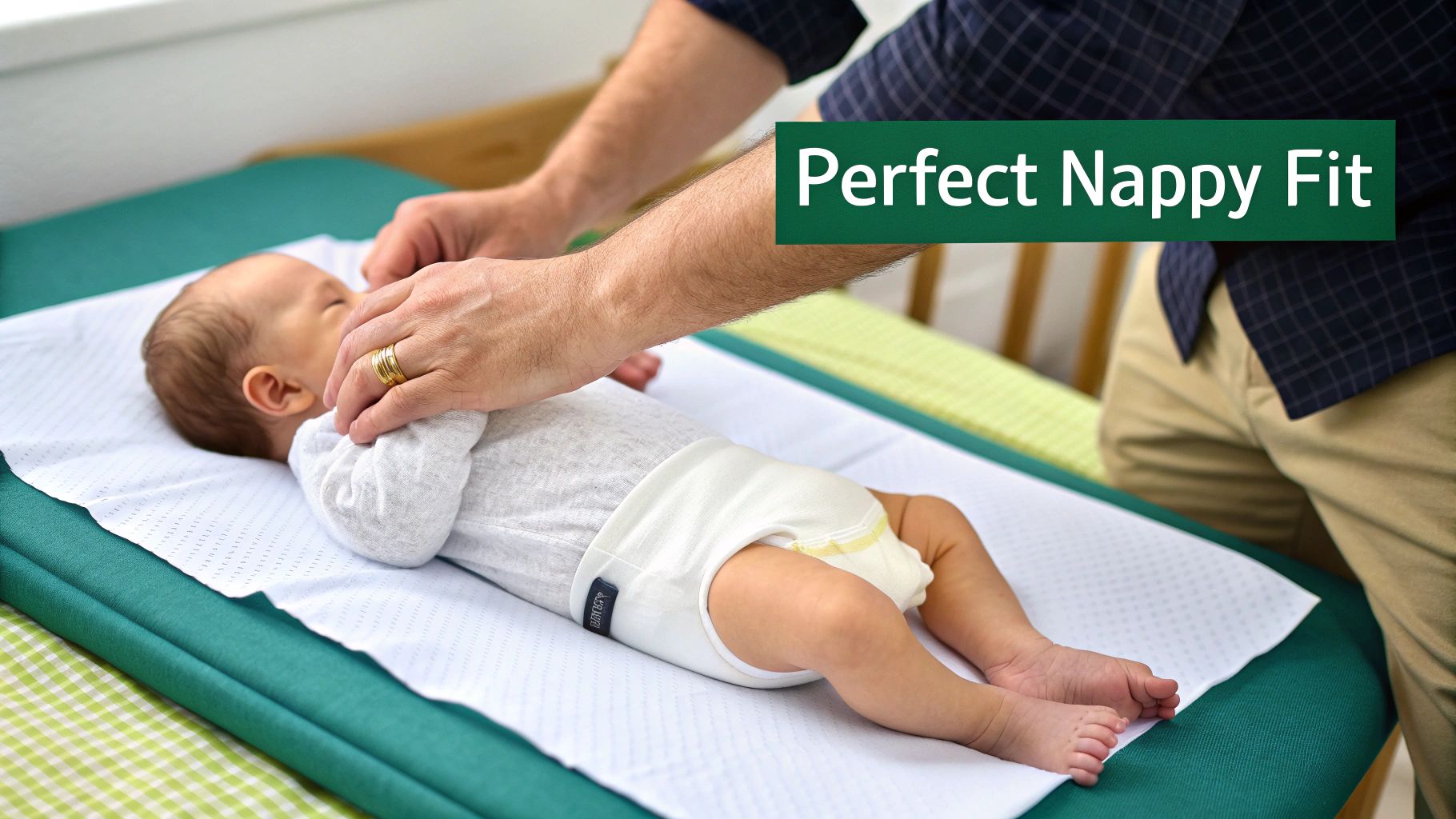 A parent's hands carefully adjusting a newborn baby's diaper for a perfect fit on a changing table.