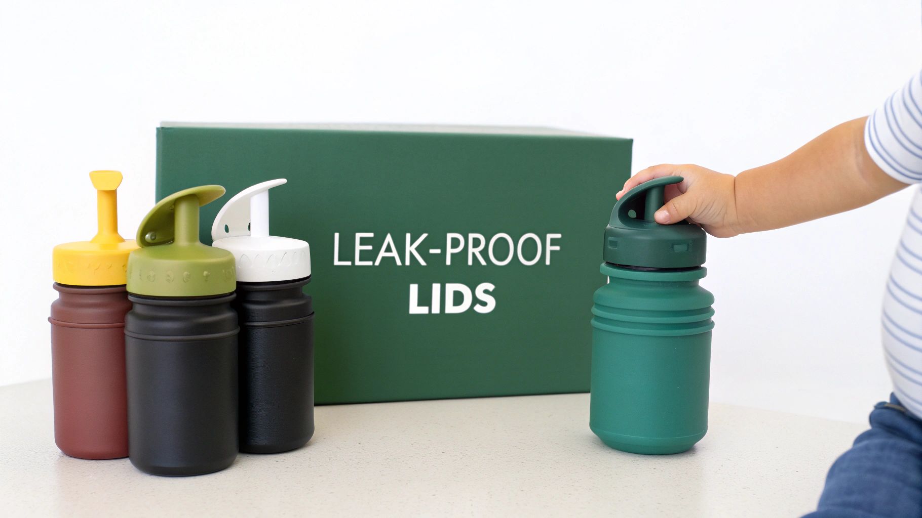 A child's hand reaches for a green leak-proof water bottle amongst other colorful kids' bottles.