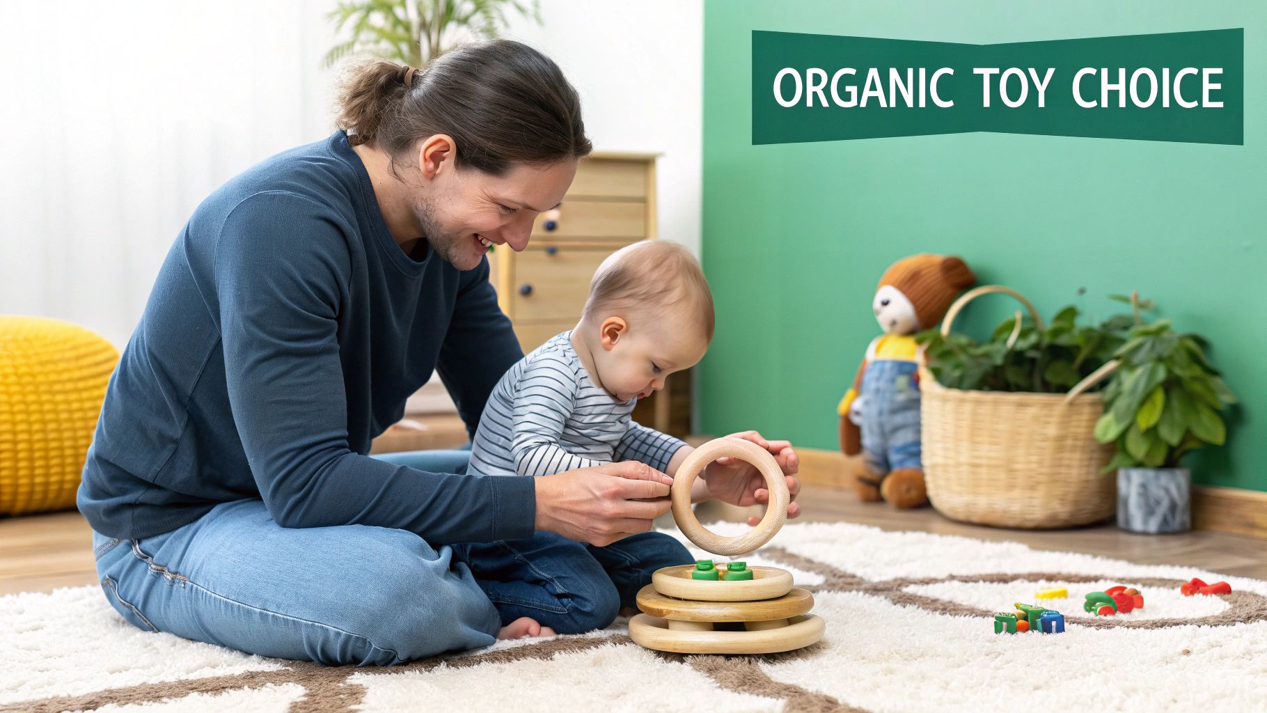 A baby playing with colourful organic wooden toys on a soft rug