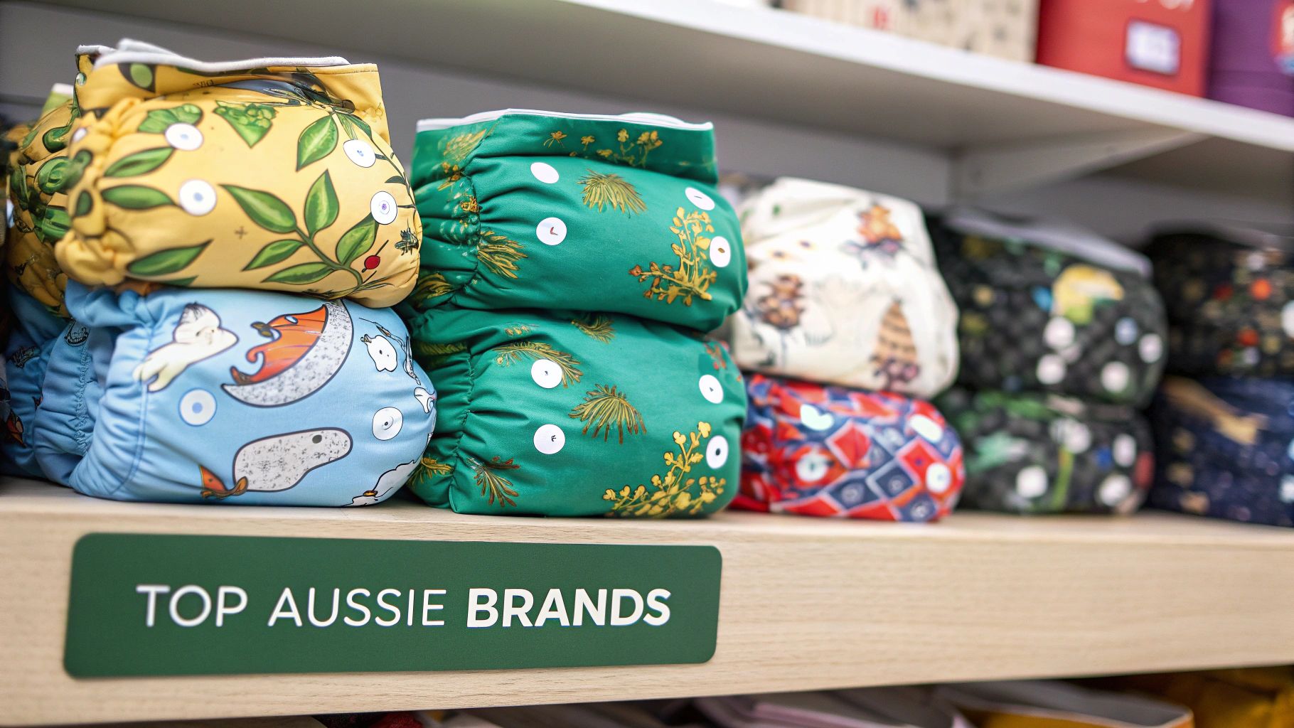 A curated selection of colourful and stylish Australian reusable nappies laid out neatly.
