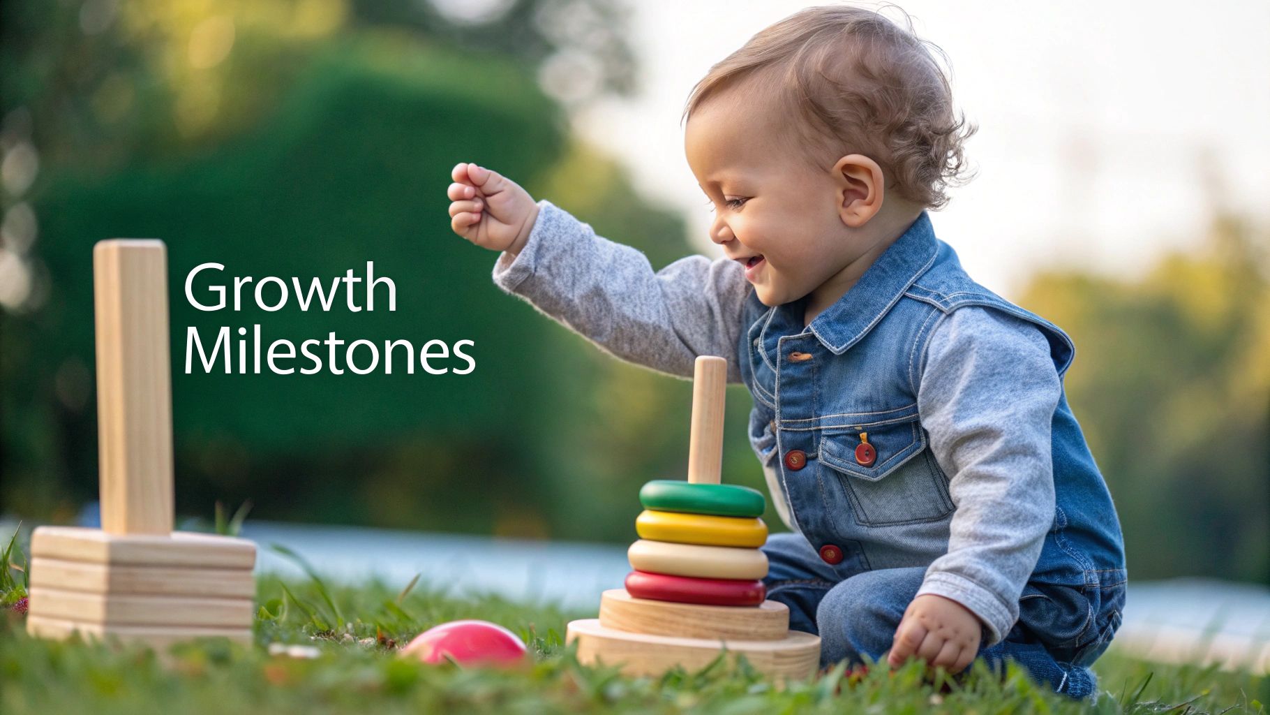 A toddler happily playing with wooden stacking rings on the floor