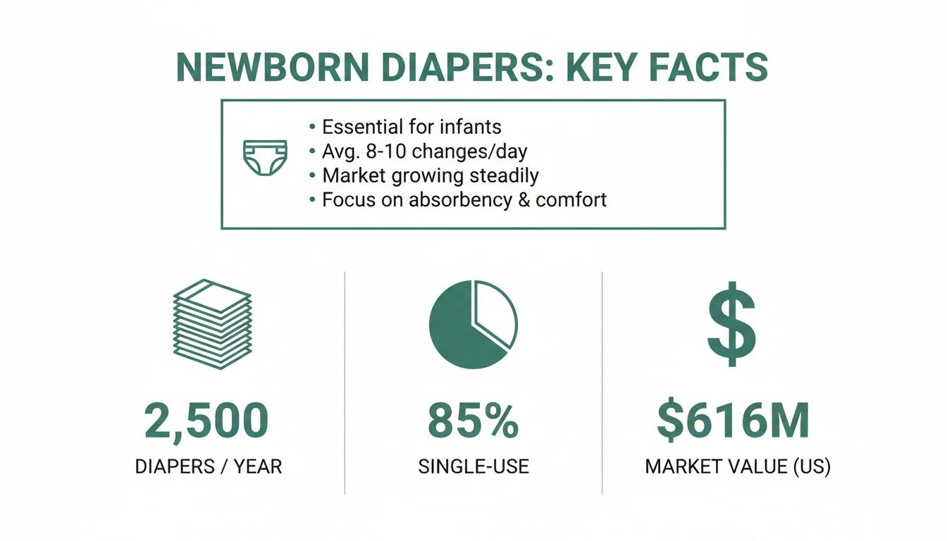 Infographic detailing key facts about newborn diapers, including usage, types, and market value.