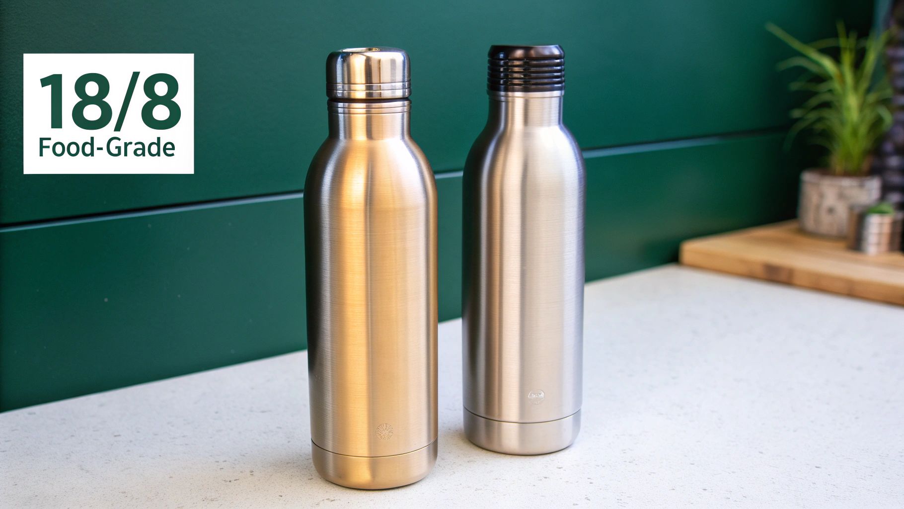 Two brushed stainless steel water bottles, one bronze and one silver, on a kitchen counter with an '18/8 Food-Grade' label.
