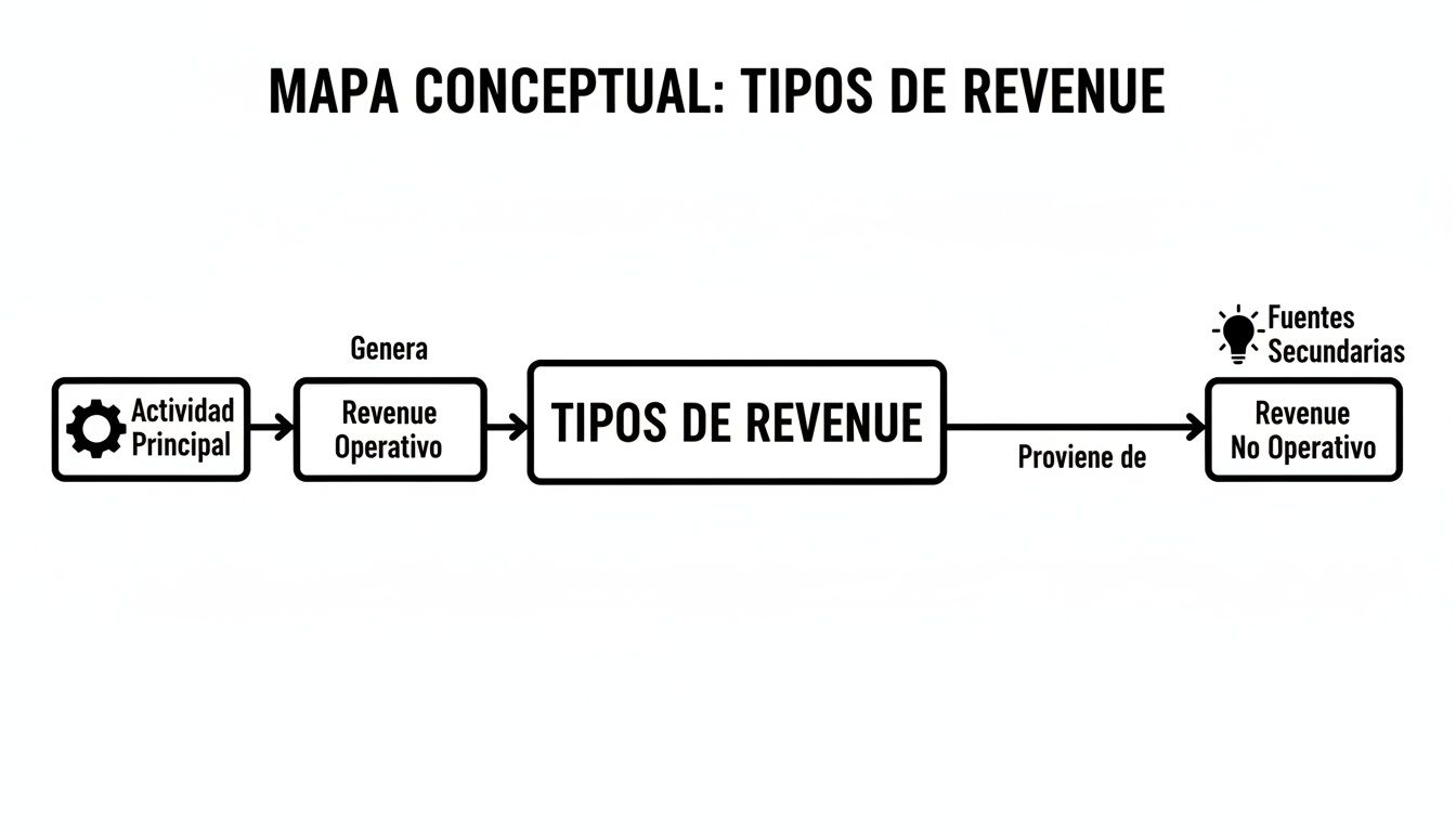 Mapa conceptual detallando los tipos de revenue: operativo generado por la actividad principal y no operativo de fuentes secundarias.