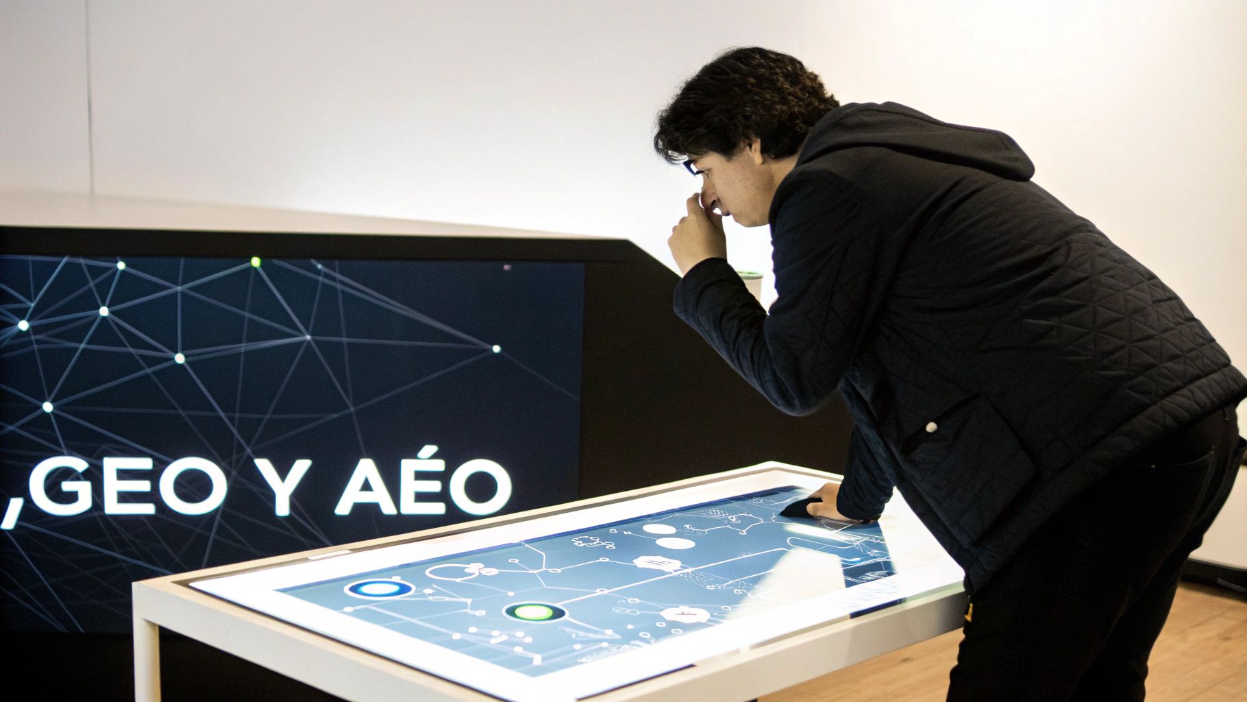 Persona interactuando con una mesa táctil y una pantalla grande con gráficos de red.