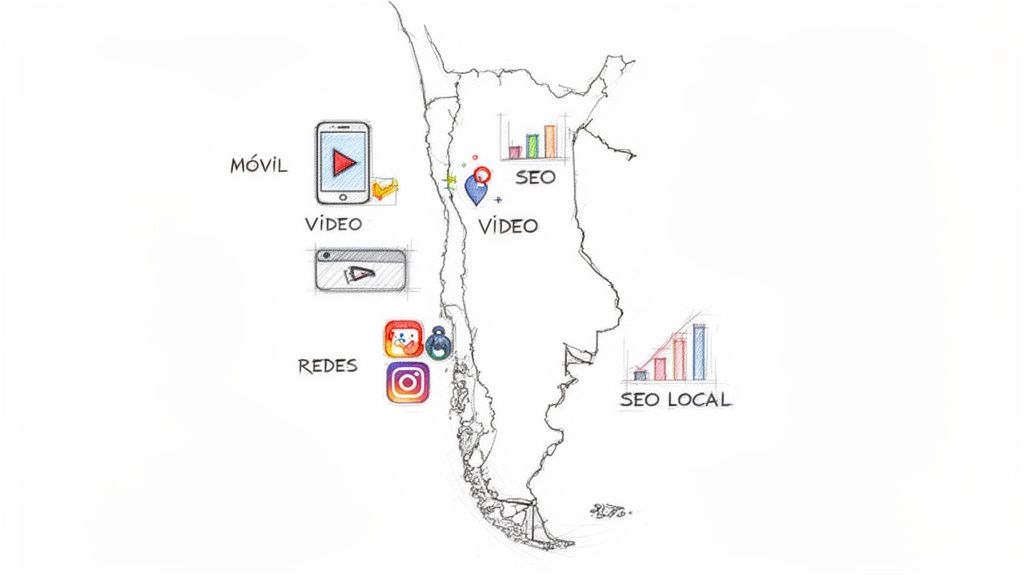Mapa de Argentina ilustrando estrategias de marketing digital, incluyendo SEO, video, móvil y redes sociales.