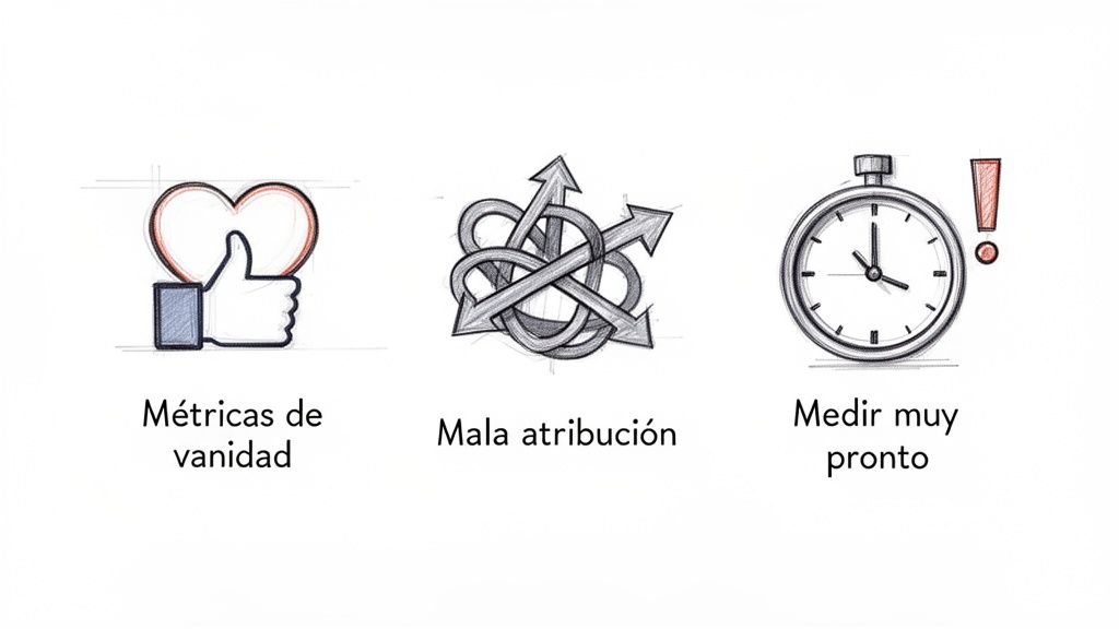 Imagen que muestra tres errores comunes en la medición de negocios: métricas de vanidad, mala atribución y medir demasiado pronto.