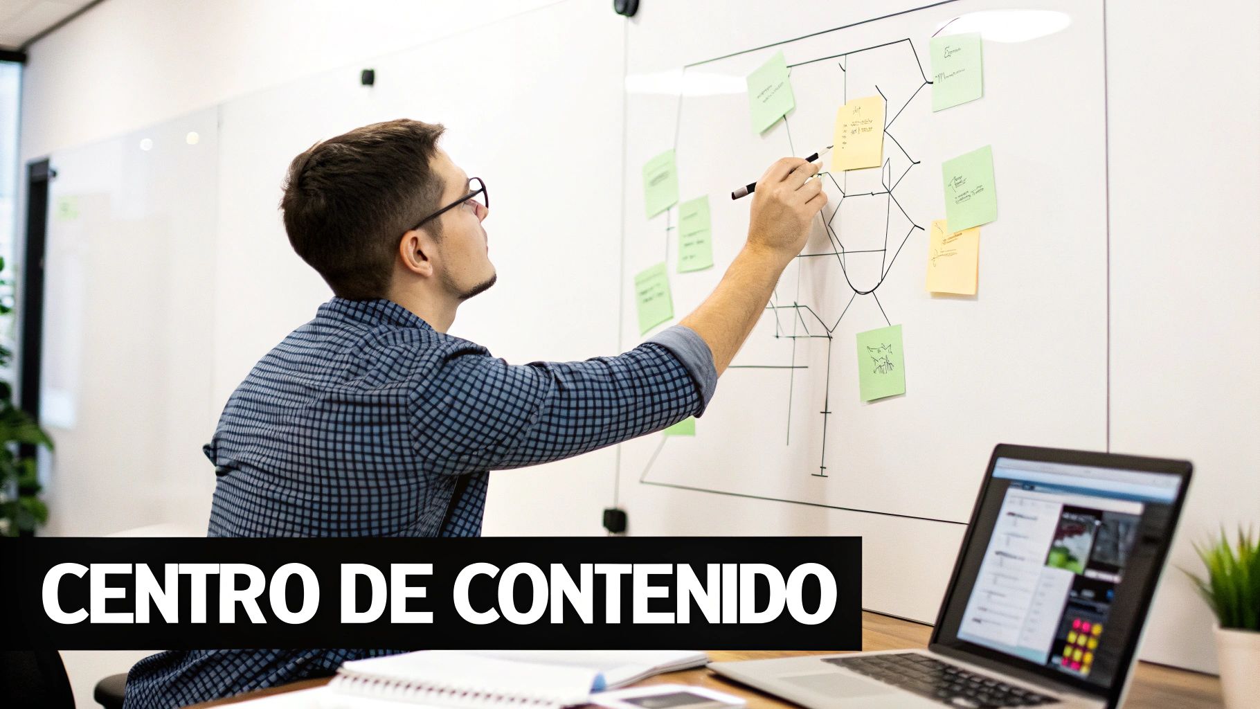 Hombre con gafas dibujando un diagrama con post-its en una pizarra blanca, con laptop y cuaderno en el escritorio.