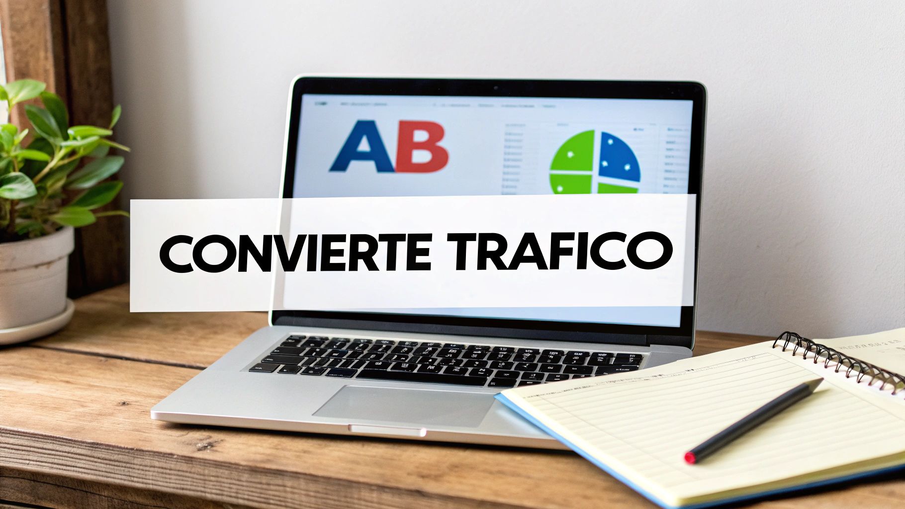 Ordenador portátil con gráficos de marketing digital y texto 'CONVIERTE TRAFICO' en un escritorio de madera.