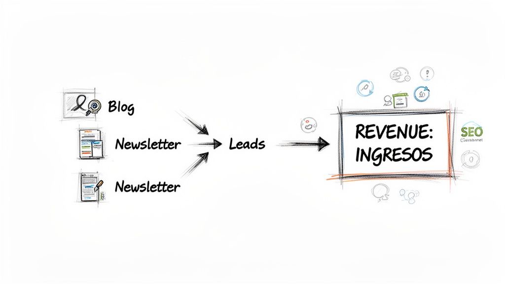 Diagrama que muestra cómo el blog y los newsletters generan leads, los cuales resultan en ingresos.