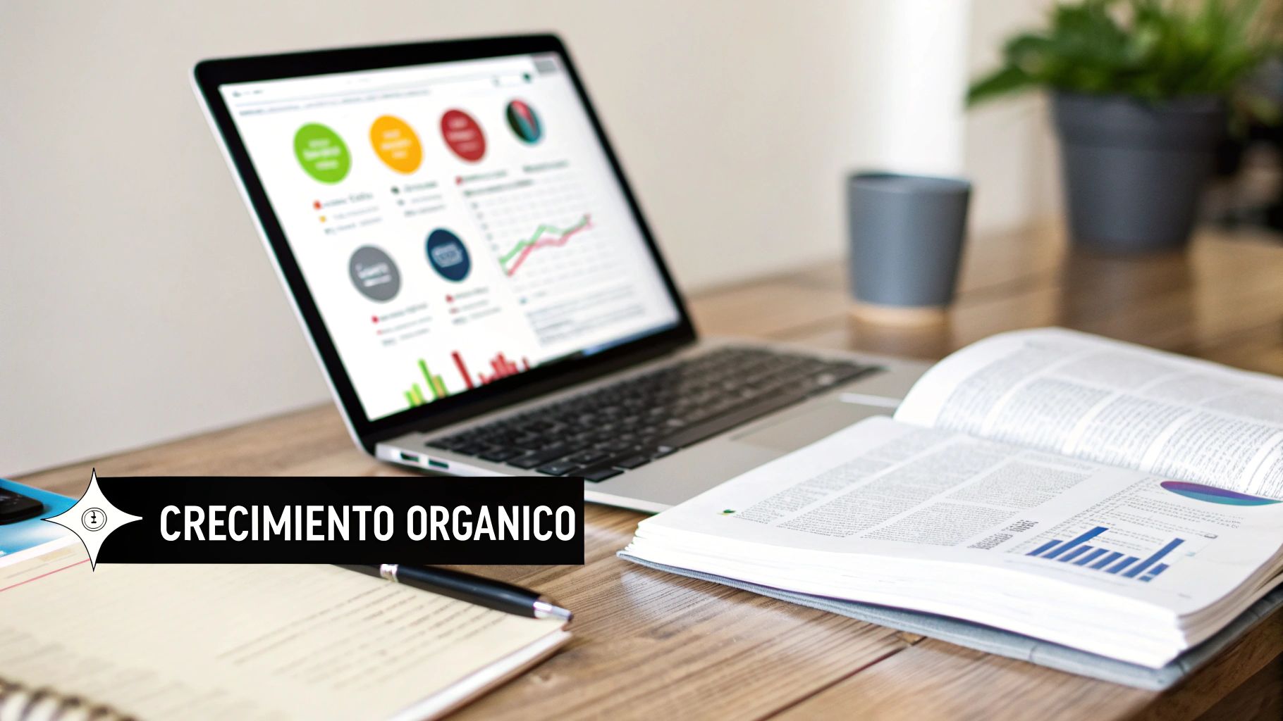 Espacio de trabajo con laptop, libro y gráficos que ilustran el crecimiento orgánico.