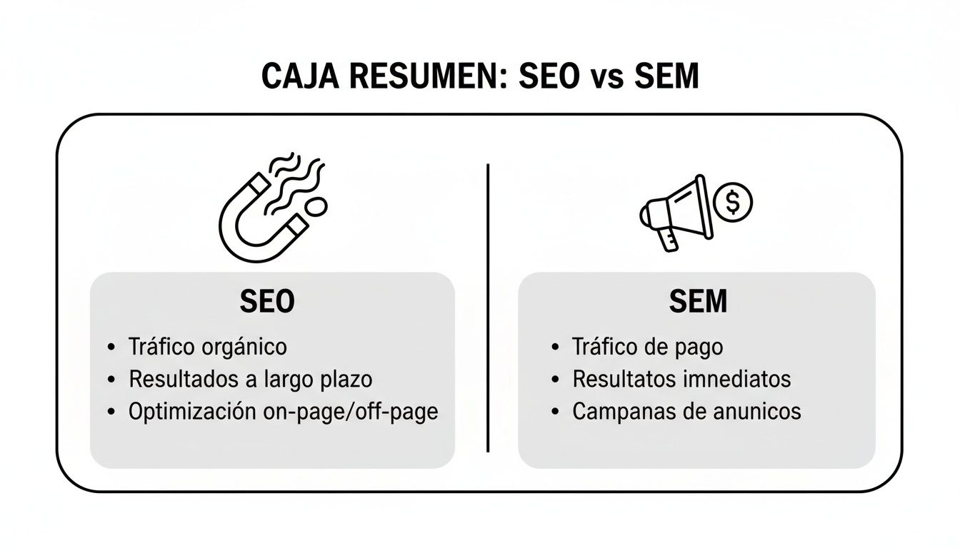 Diagrama comparativo que resume las diferencias clave entre SEO y SEM, detallando tráfico, resultados y optimización.